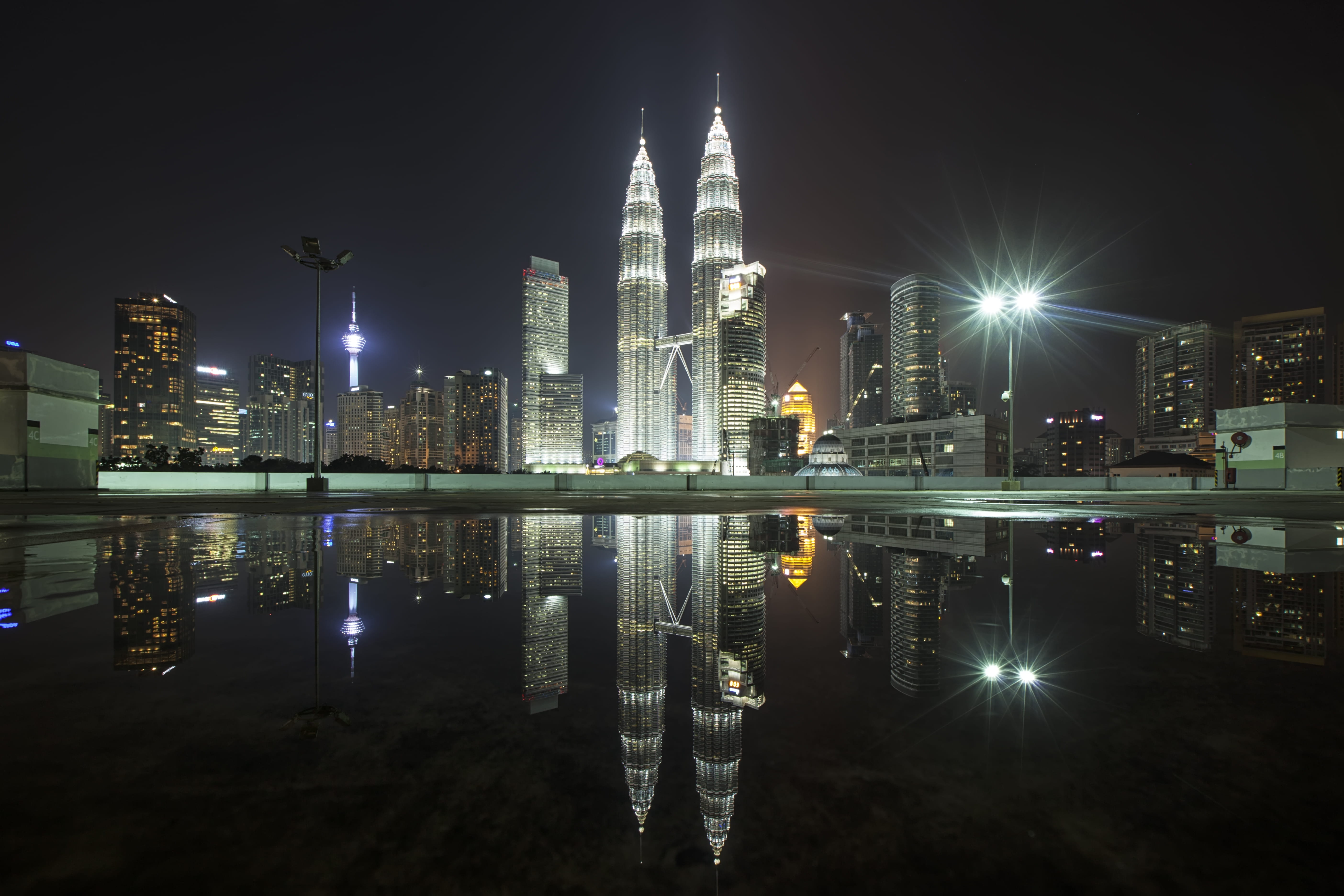 background, twin tower, travel destinations, skyline, outdoors, skyscrapers, lights, modern, tall - high, no people, buildings, night, Malaysia, illuminated, HD Wallpaper