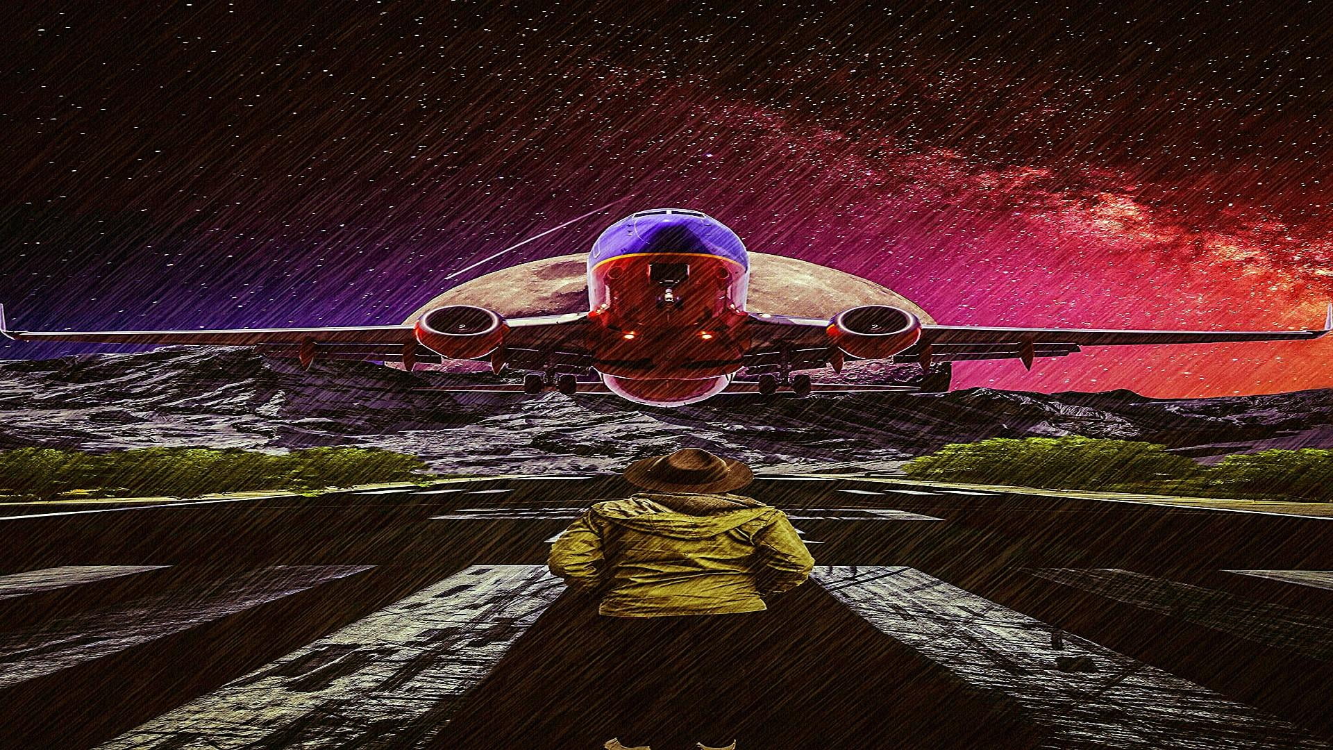 adult, darkness, landing, human, motion, airplane, space exploration, man, astronomy, space, runway, moon, outdoors, people, technology, multi colored, HD Wallpaper