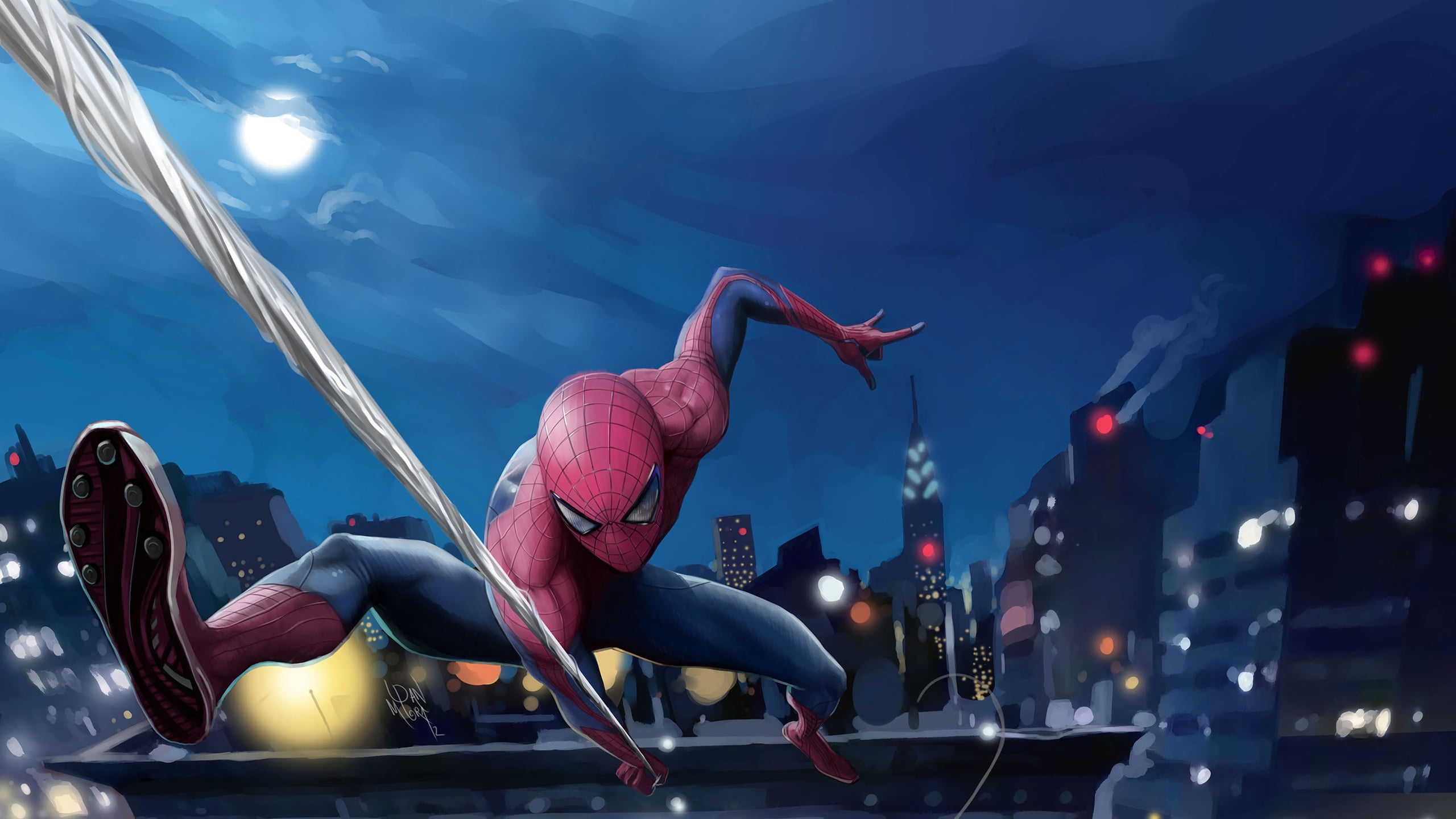 Spider-Man, MARVEL, costume, lights, Peter Parker, the sky, comic, art, the moon, 2K, superhero, the city, night, web, fiction, home, HD Wallpaper