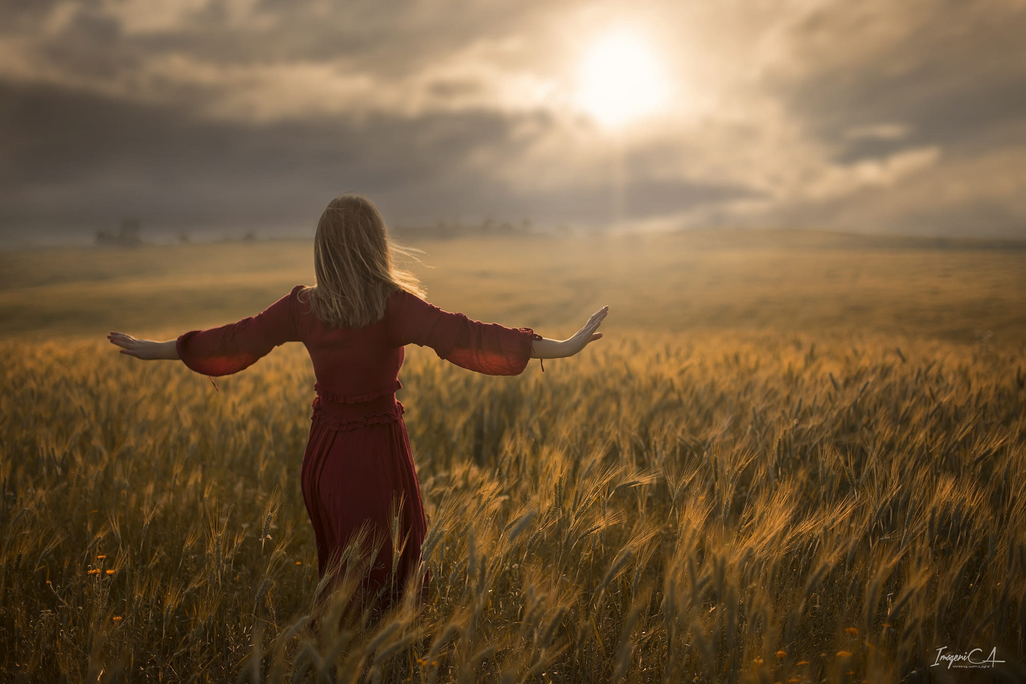 field, the wind, 1080P, girl, Antonio Conde, back, the sun, wheat, HD Wallpaper