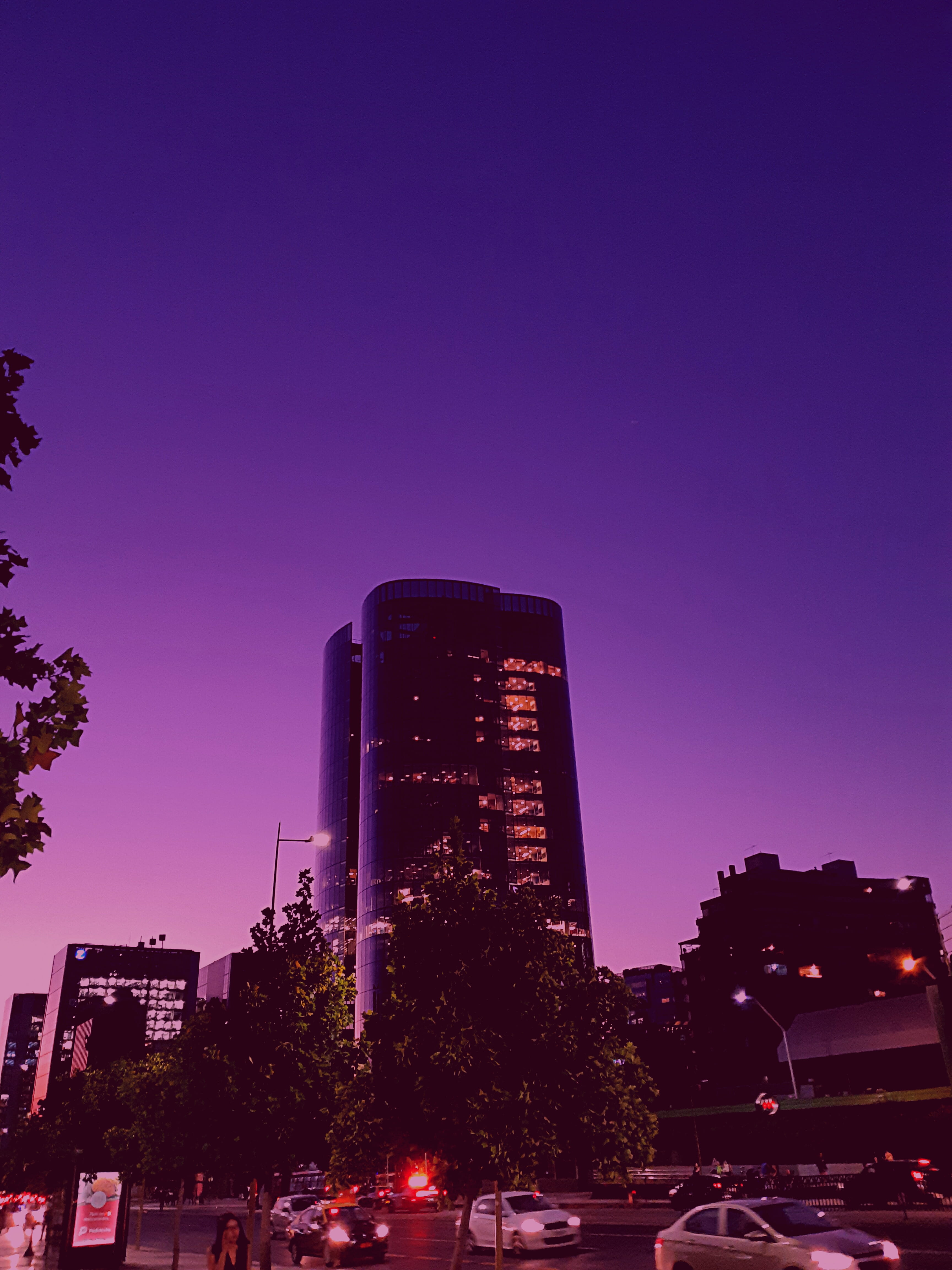 las condes, chile, modern, tree, illuminated, city life, town, transportation, building exterior, no people, flare, architecture, light, dusk, car, automobile, Phone HD Wallpaper