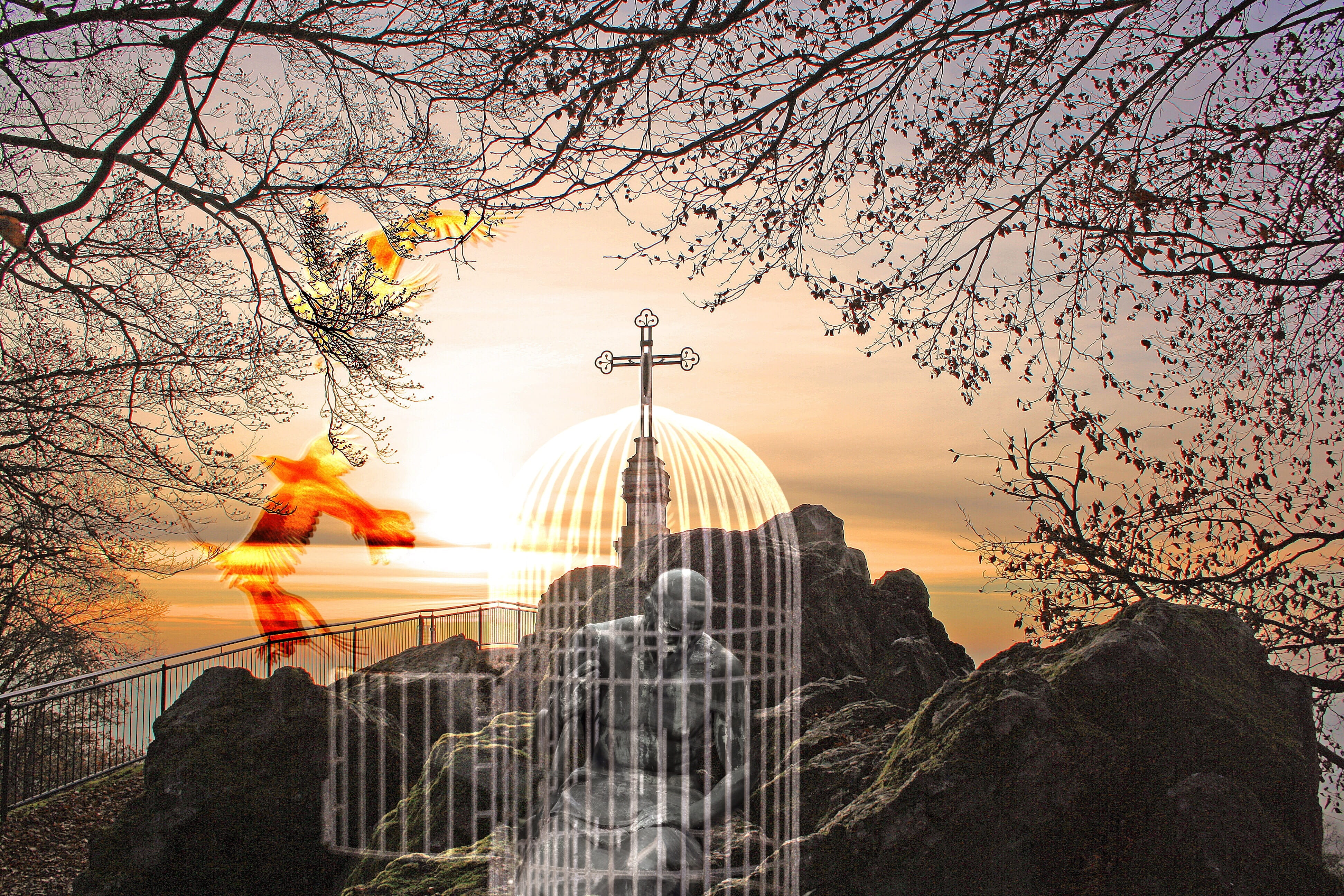 spirituality, architecture, search, religion, birdcage, emotions, tree, cross, believe, belief, rest, the meaning of life, sunset, away, travel destinations, HD Wallpaper