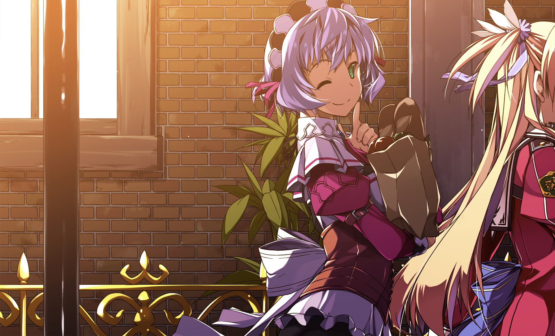 2girls, kiseki, food, hair, short, alisa, sen, purple, 1080P, long, sharon, konachan, 253279, shikei, eyes, headdress, green, wink, ribbons, kruger, blonde, HD Wallpaper