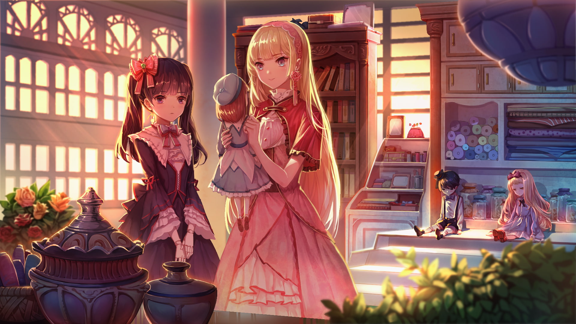 dress, headband, blonde, flowers, goth-loli, original, black, doll, eyes, twintails, hair, com, lolita, zema, 261239, long, konachan, haru, 1080P, aqua, HD Wallpaper