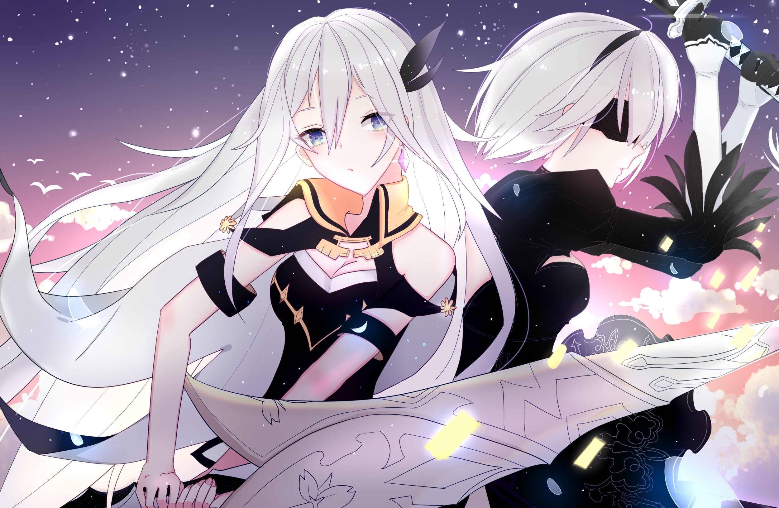 dress, short, automata, blindfold, kaslana, 252149, konachan, 2girls, weapon, long, aliasing, nier, white, kiana, eyes, nier-, sword, blue, hair, crossover, HD Wallpaper