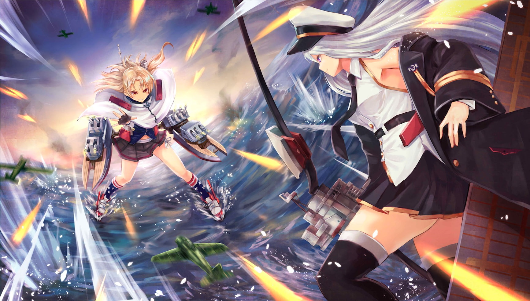 eyes, com, gloves, kneehighs, azur, yellow, thighhighs, konachan, blonde, purple, sky, lane, white, hat, water, clouds, 258288, skirt, 2girls, long, hair, HD Wallpaper