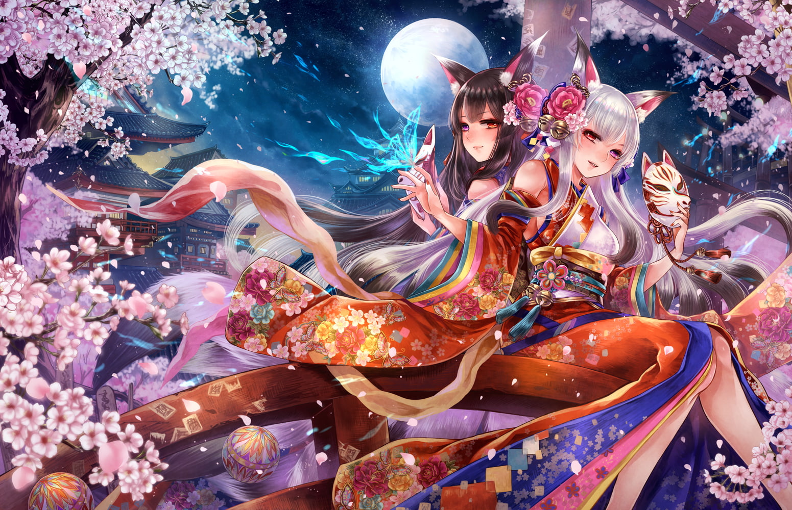 adult, couple - relationship, males, konachan, tail, building, tails, indoors, butterfly, original, ears, people, moon, water, blossoms, petals, family, HD Wallpaper
