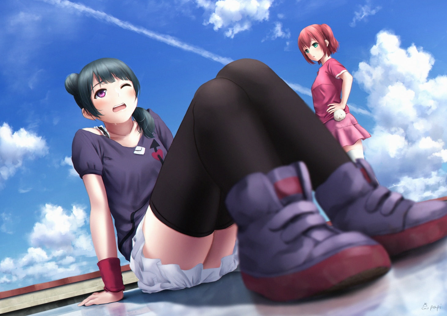 tsushima, konachan, (papiron100), 240352, eyes, papi, green, black, com, wink, clouds, 720P, hair, blush, sky, short, 2girls, kurosawa, purple, ruby, thighhighs, HD Wallpaper