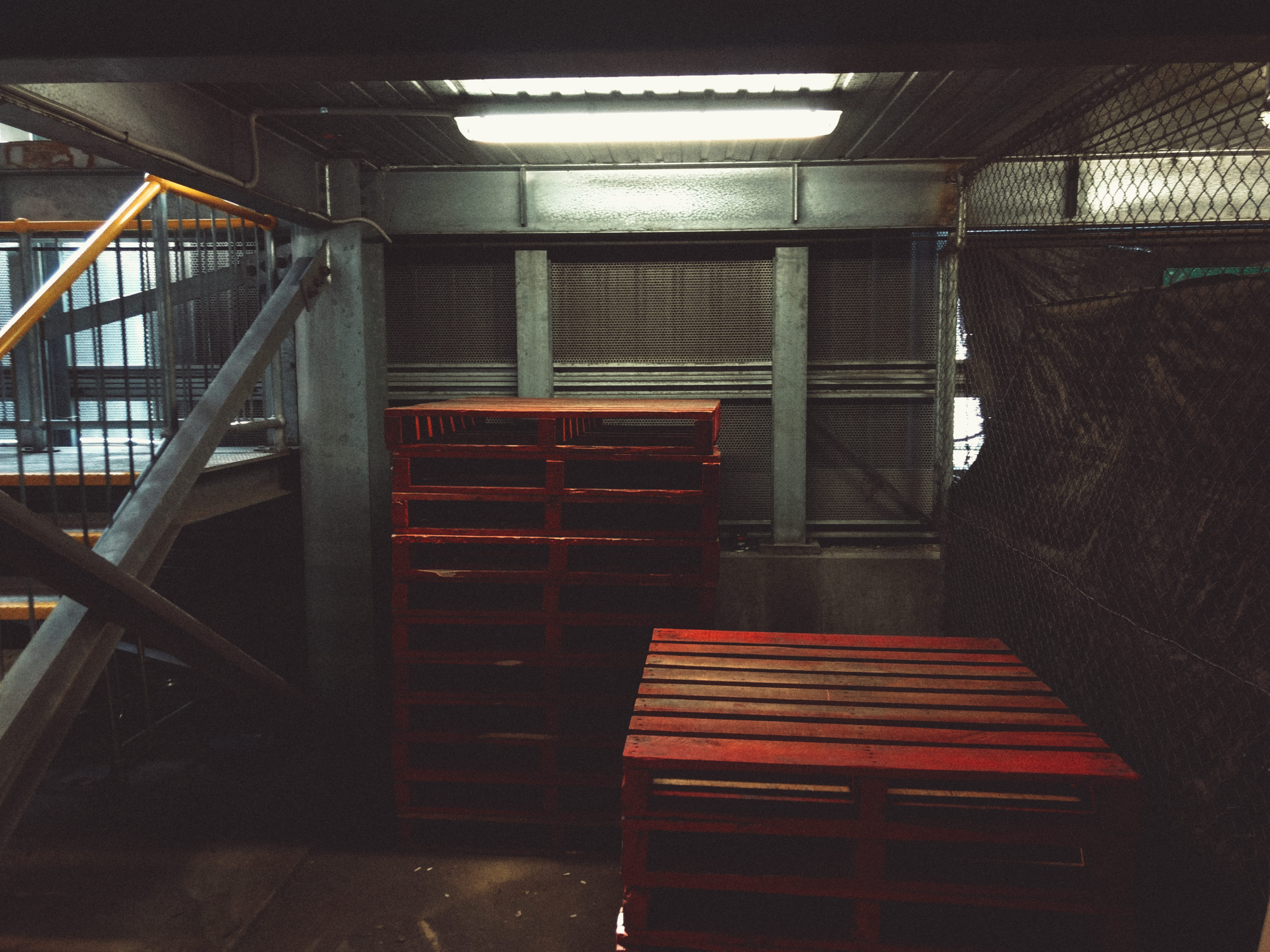 built structure, 4K, seat, crates, melbourne, no people, red, public transportation, illuminated, staircase, old, abandoned, day, window, federation square car park, HD Wallpaper