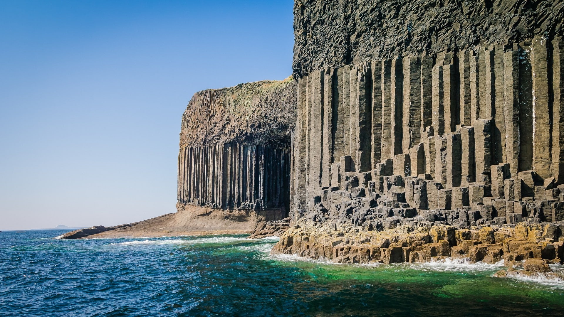 UK, Rock Formation, Staffa Island, beach, 1080P, Pillar, sea, Erosion, Scotland, cliff, HD Wallpaper