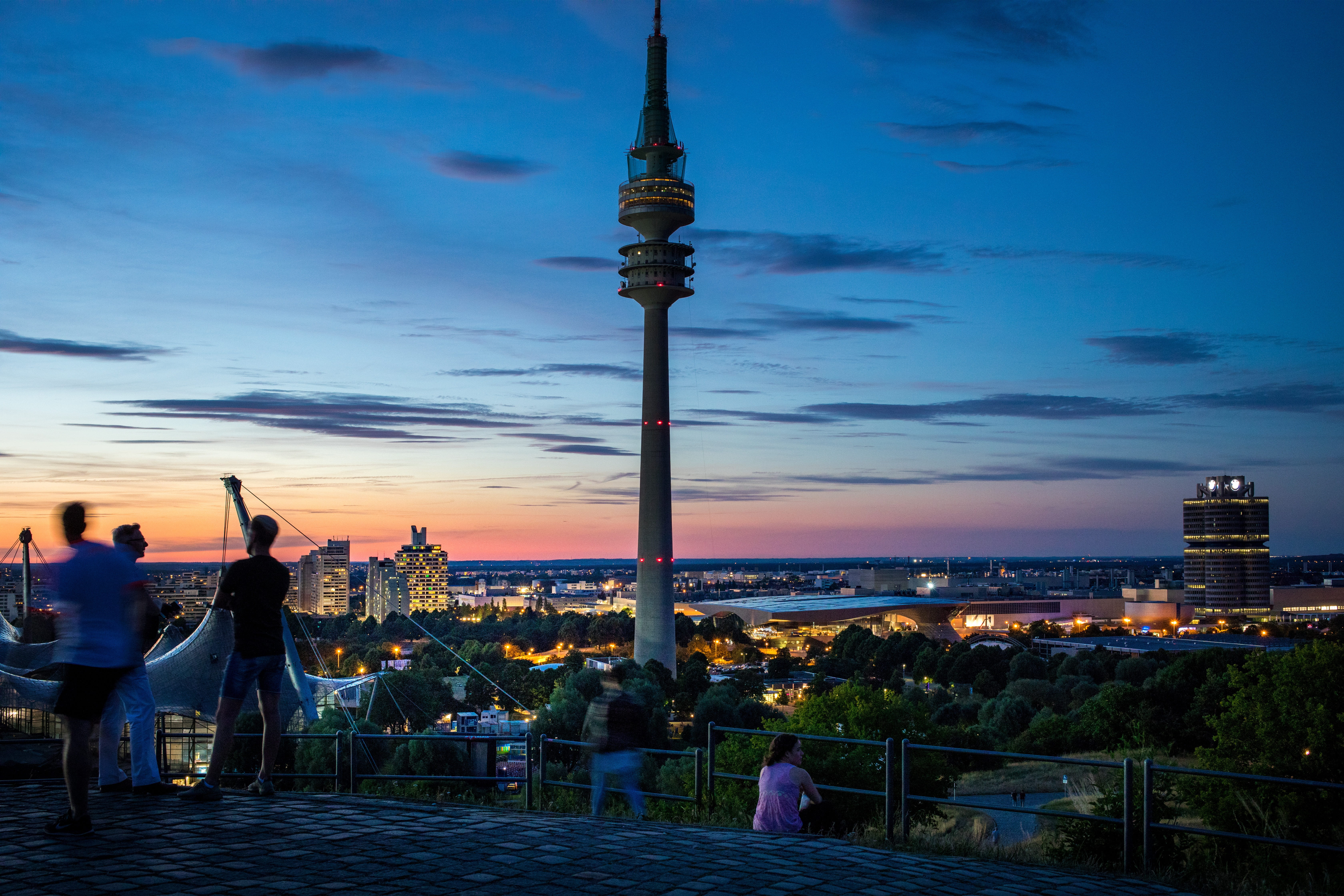 dusk, city, communication, building exterior, sky, tv tower, cityscape, observation tower, built structure, technology, bavaria munich, blue hour, olympia, HD Wallpaper