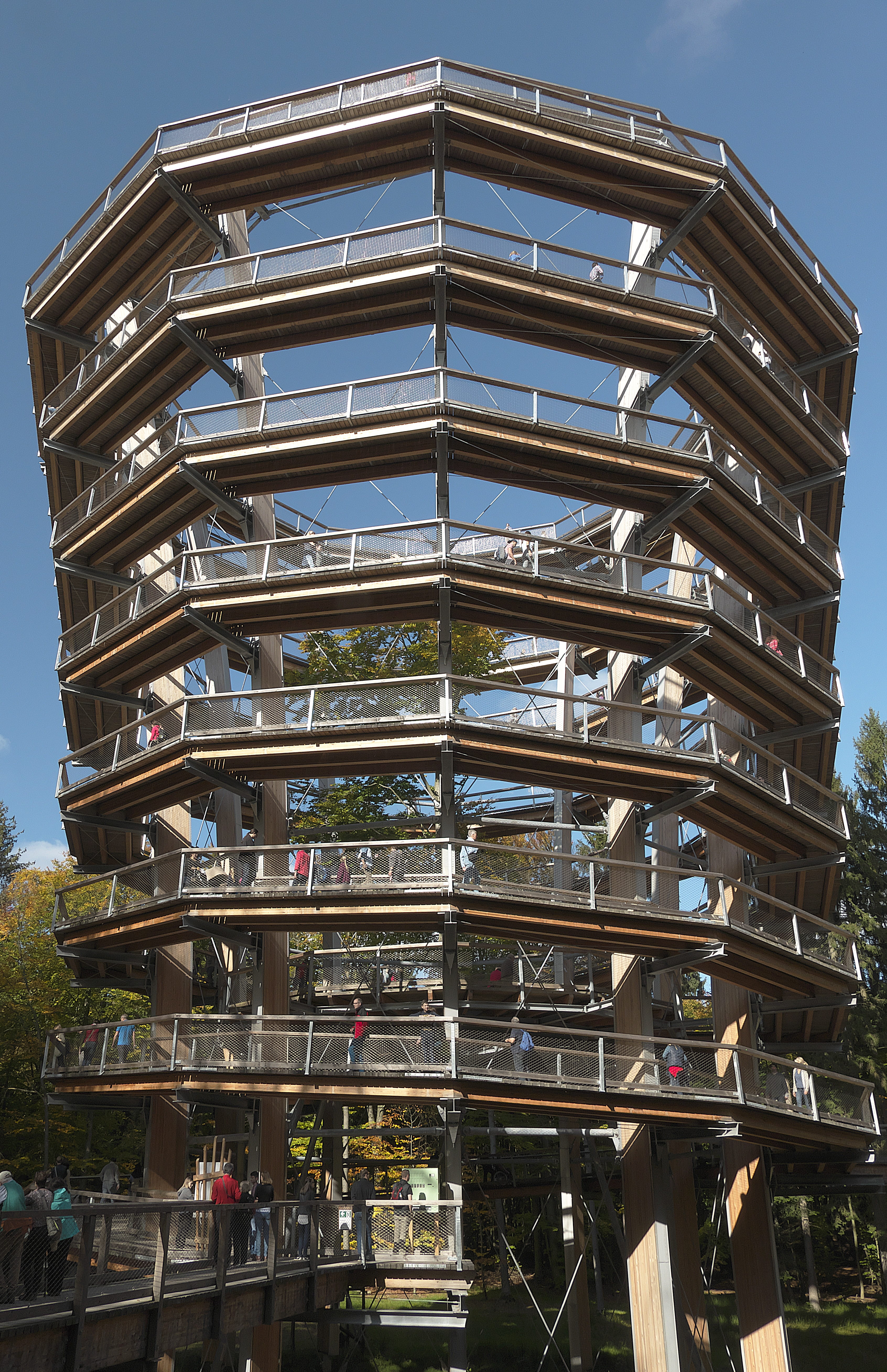 metal, forest, low angle view, travel destinations, building exterior, day, building, repetition, sunlight, built structure, treetop walking, apartment, Phone HD Wallpaper