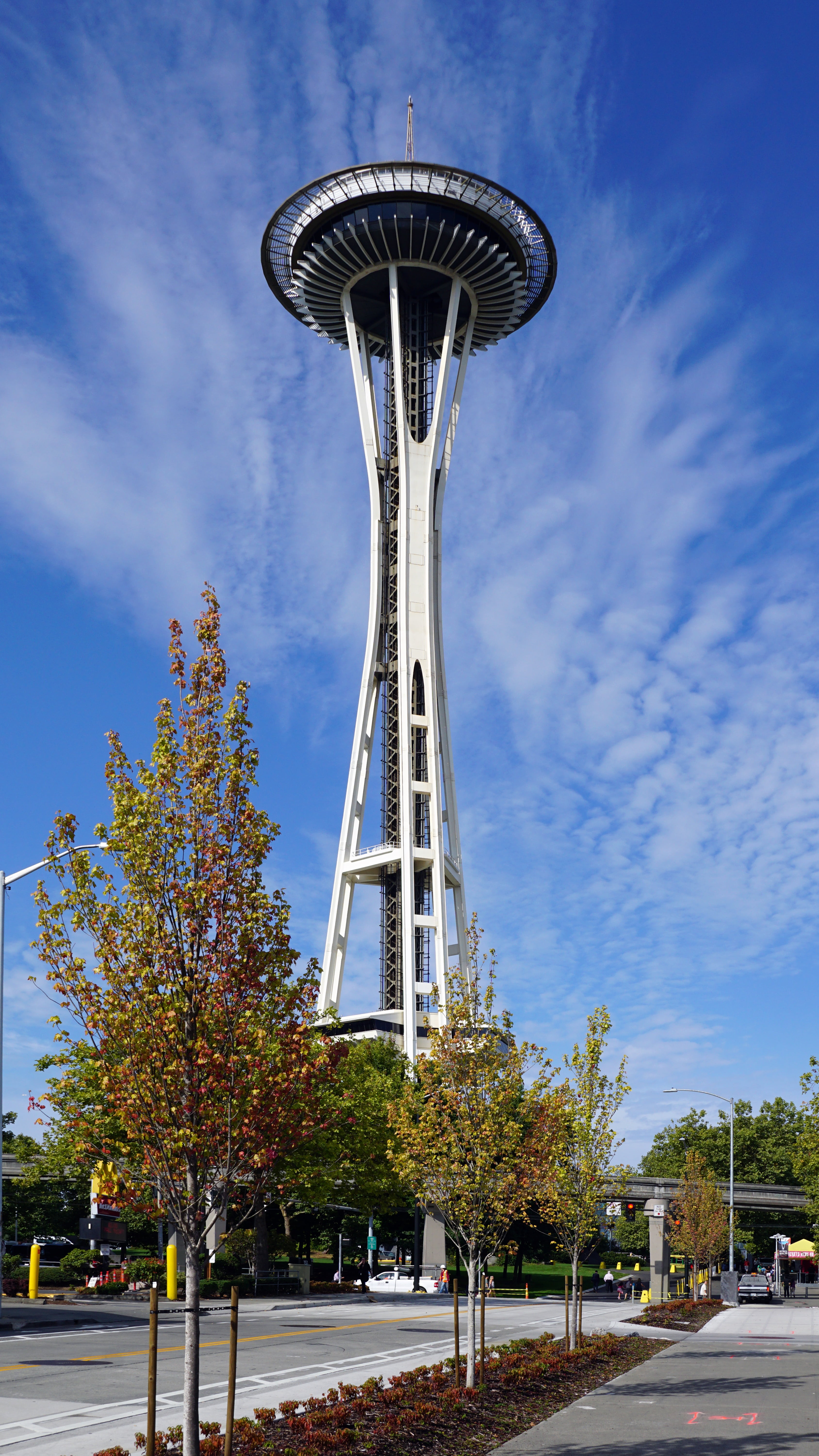 blue, 5K, outdoors, tall - high, cloud - sky, low angle view, observation tower, plant, spaceneedle, incidental people, famous Place, day, city, built structure, Phone HD Wallpaper