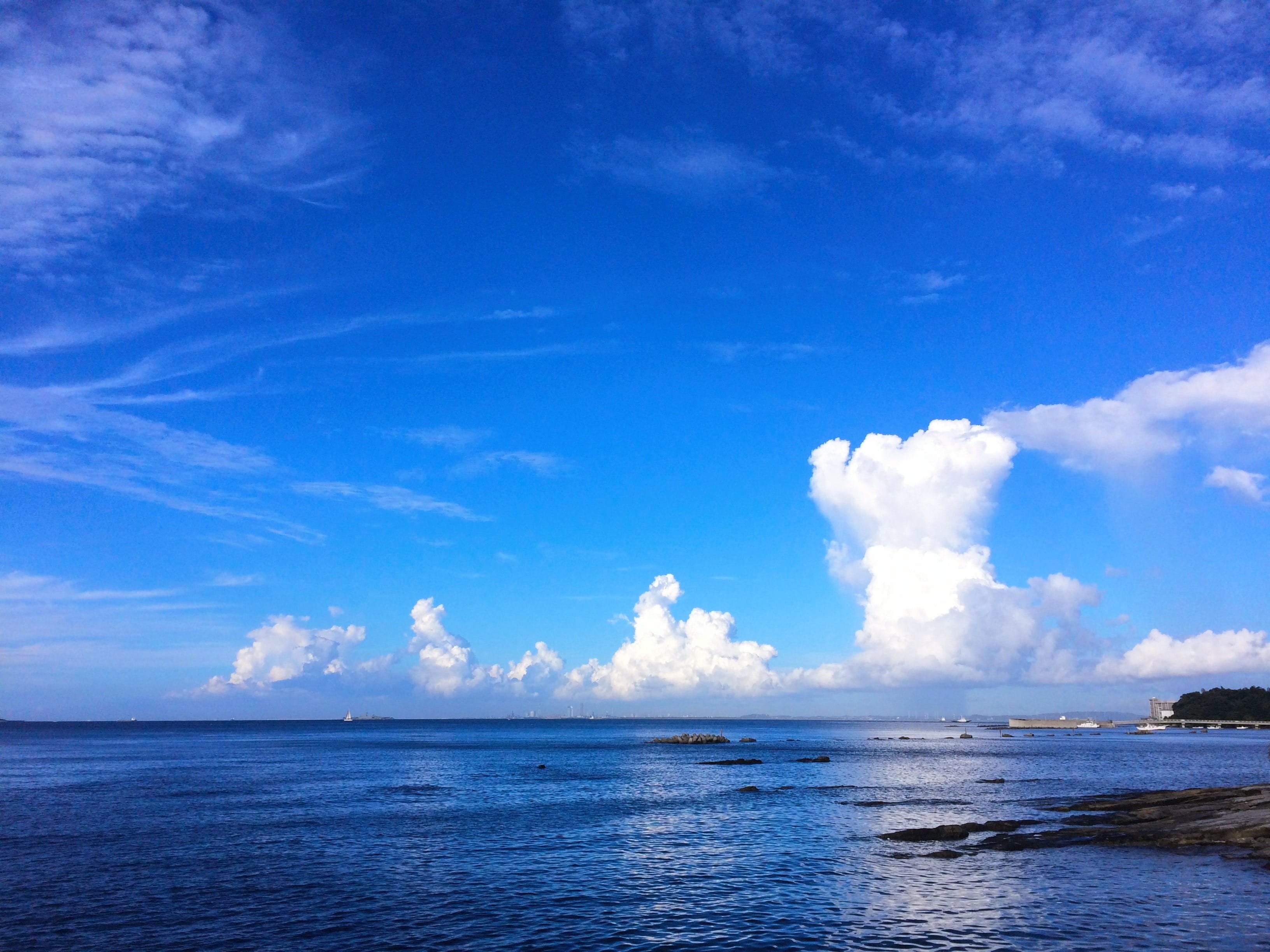 blue, sky, scenics, beauty In Nature, japan, white cloud, waterfront, day, seascape, land, mirror, coastline, towering cumulus clouds observed, idyllic, HD Wallpaper