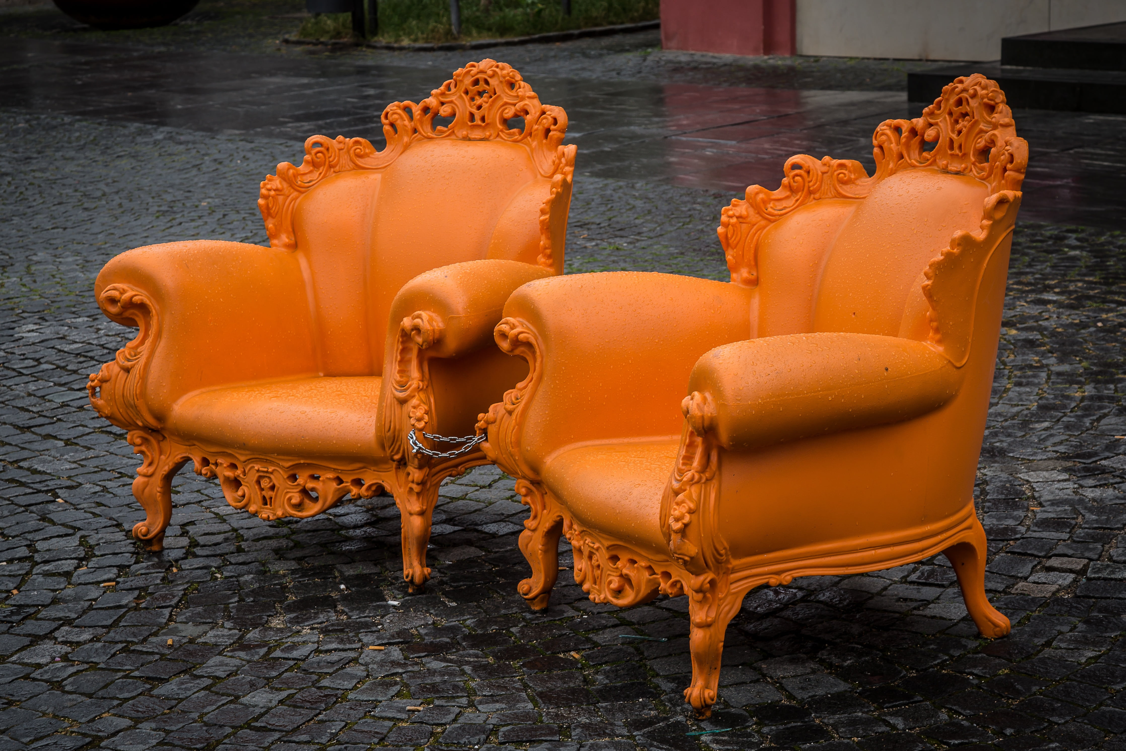 orange color, day, no people, art and craft, swabian gmünd, nature, design, craft, seat, representation, built structure, outdoors, chair, footpath, close-up, HD Wallpaper