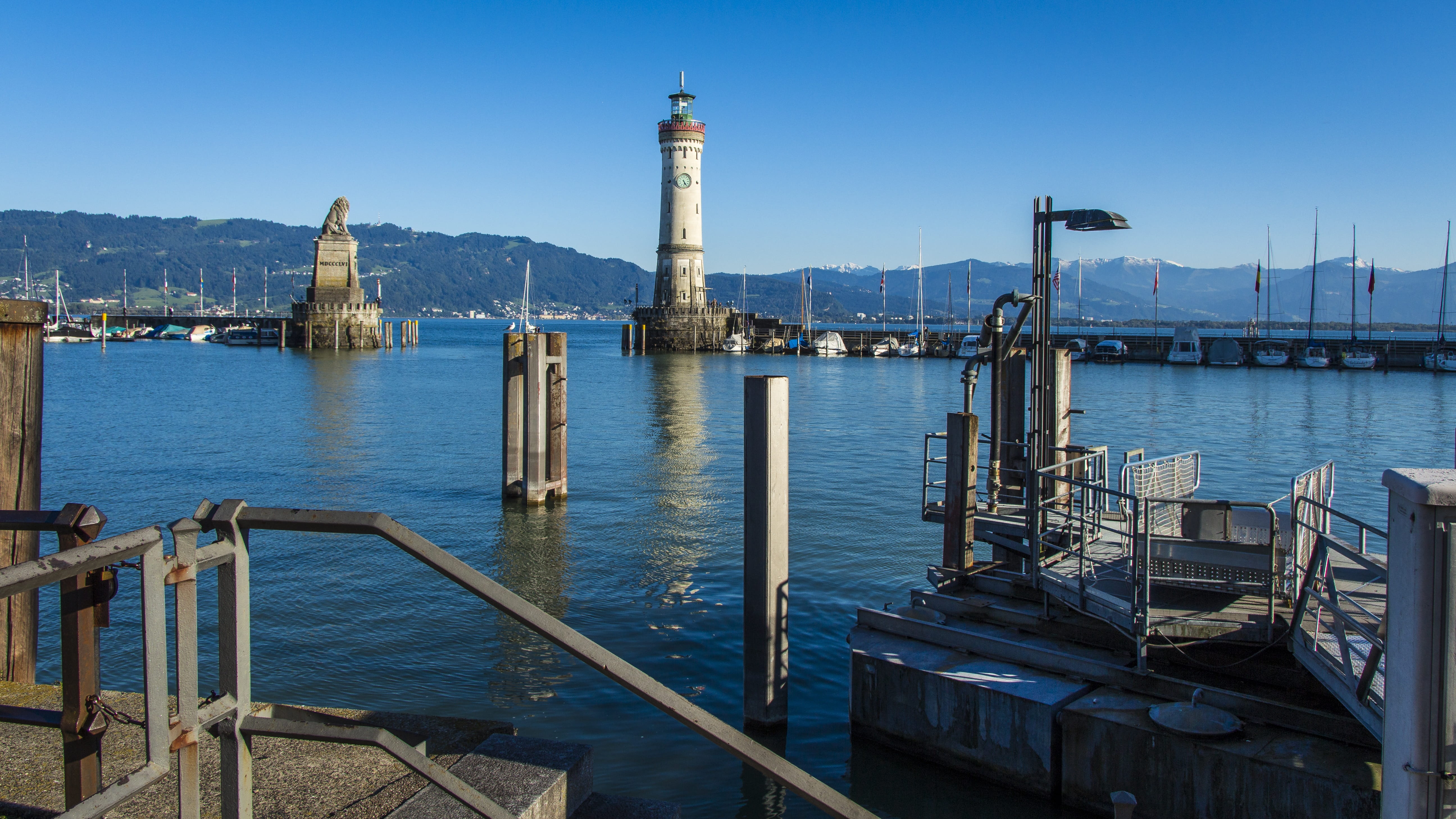 tourism, landmark, bank, sailboat, sea, blue, 5K, architecture, building exterior, beacon, places of interest, nature, swabia, port of lindau, sky, travel, HD Wallpaper