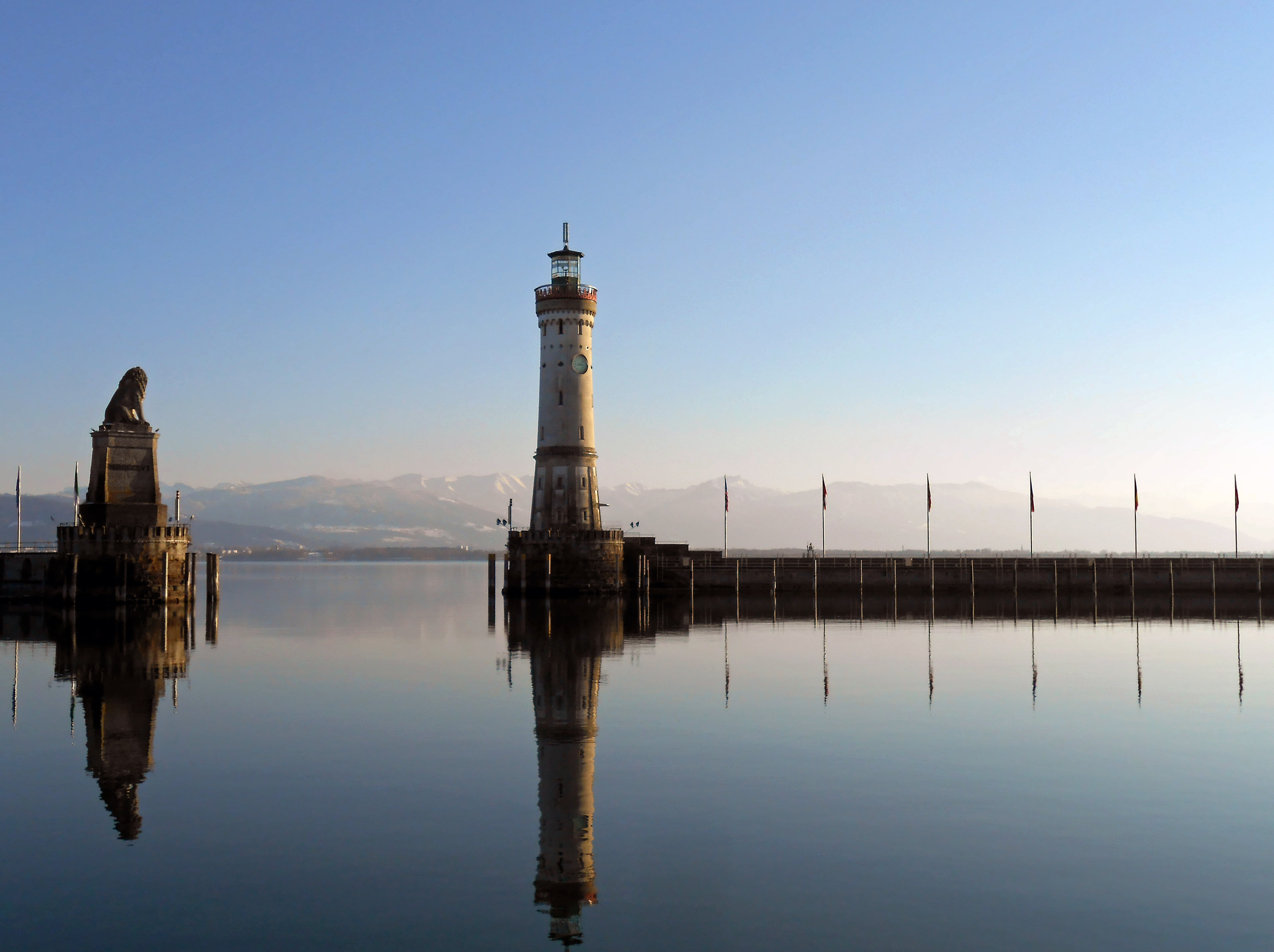 landmark, building, white, historically, lake constance, nature, harbour entrance, tower, romantic, blue, places of interest, bank, evening, clear sky, HD Wallpaper