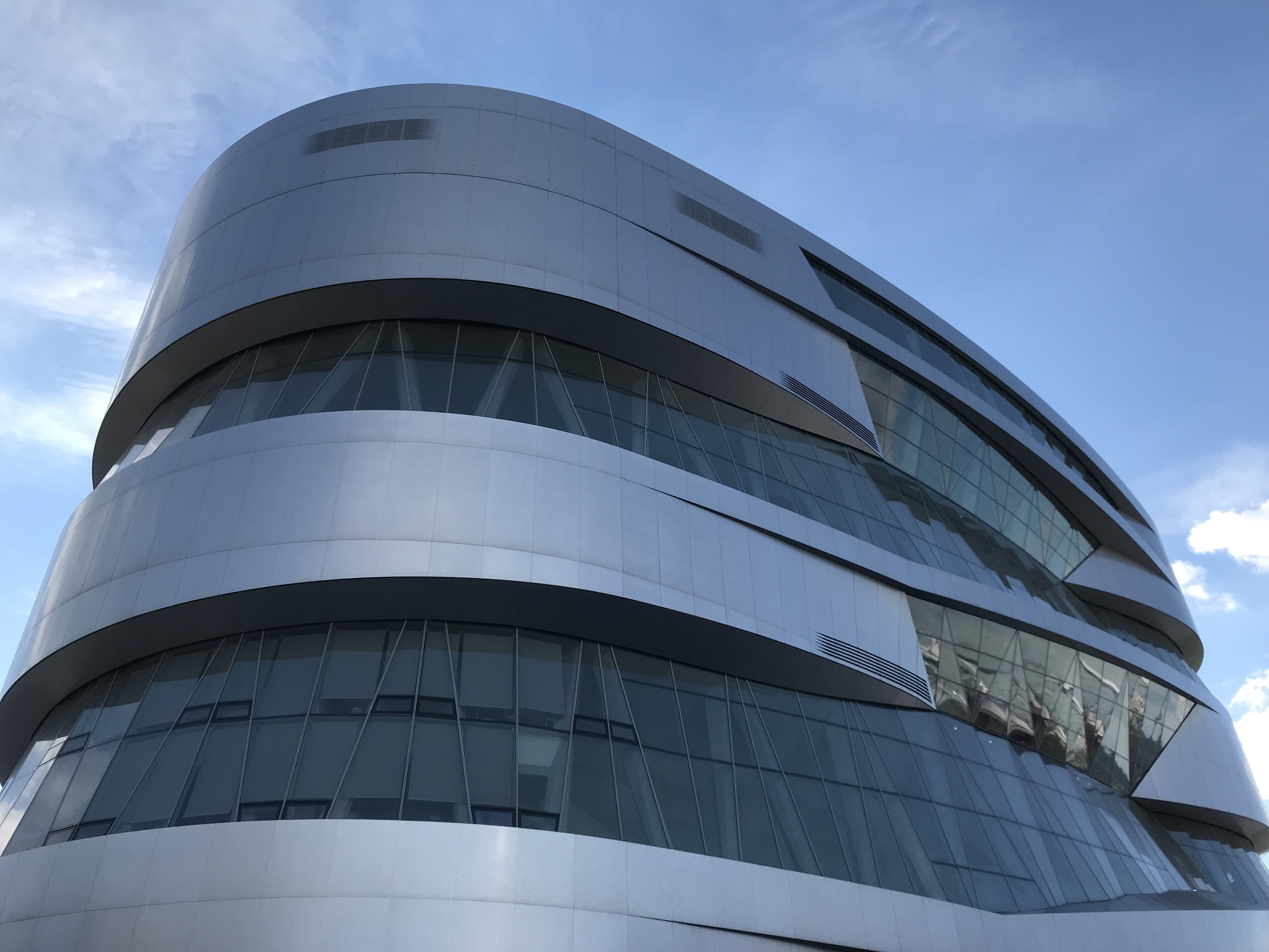 glass - material, office building exterior, mercedes, cylinder, office, built structure, museum, swabia, building exterior, outdoors, germany, day, sky, HD Wallpaper