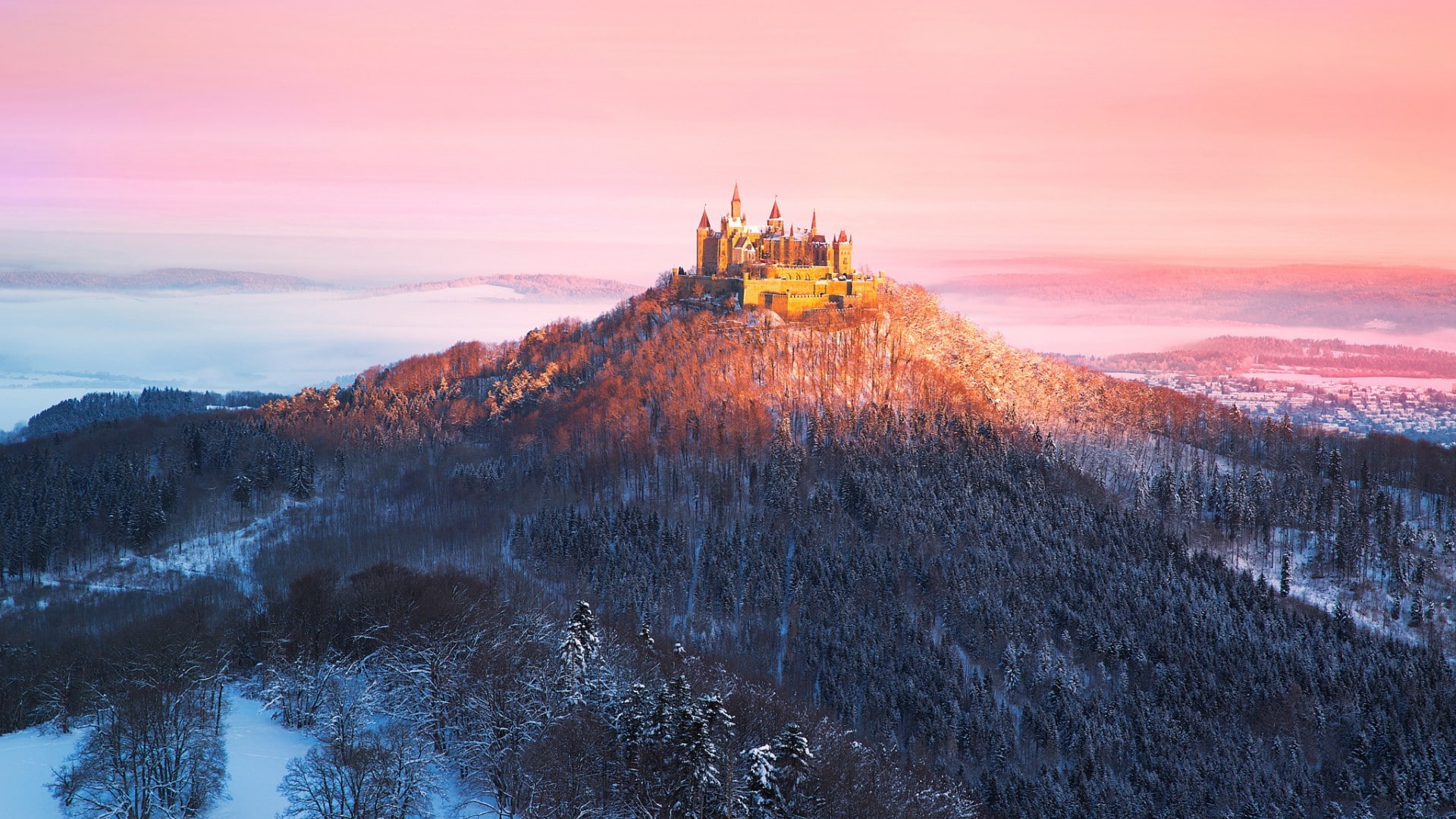 snow, trees, winter, clouds, Germany, sunset, forest, building, 1080P, hills, Hohenzollern, mist, nature, castle, landscape, HD Wallpaper