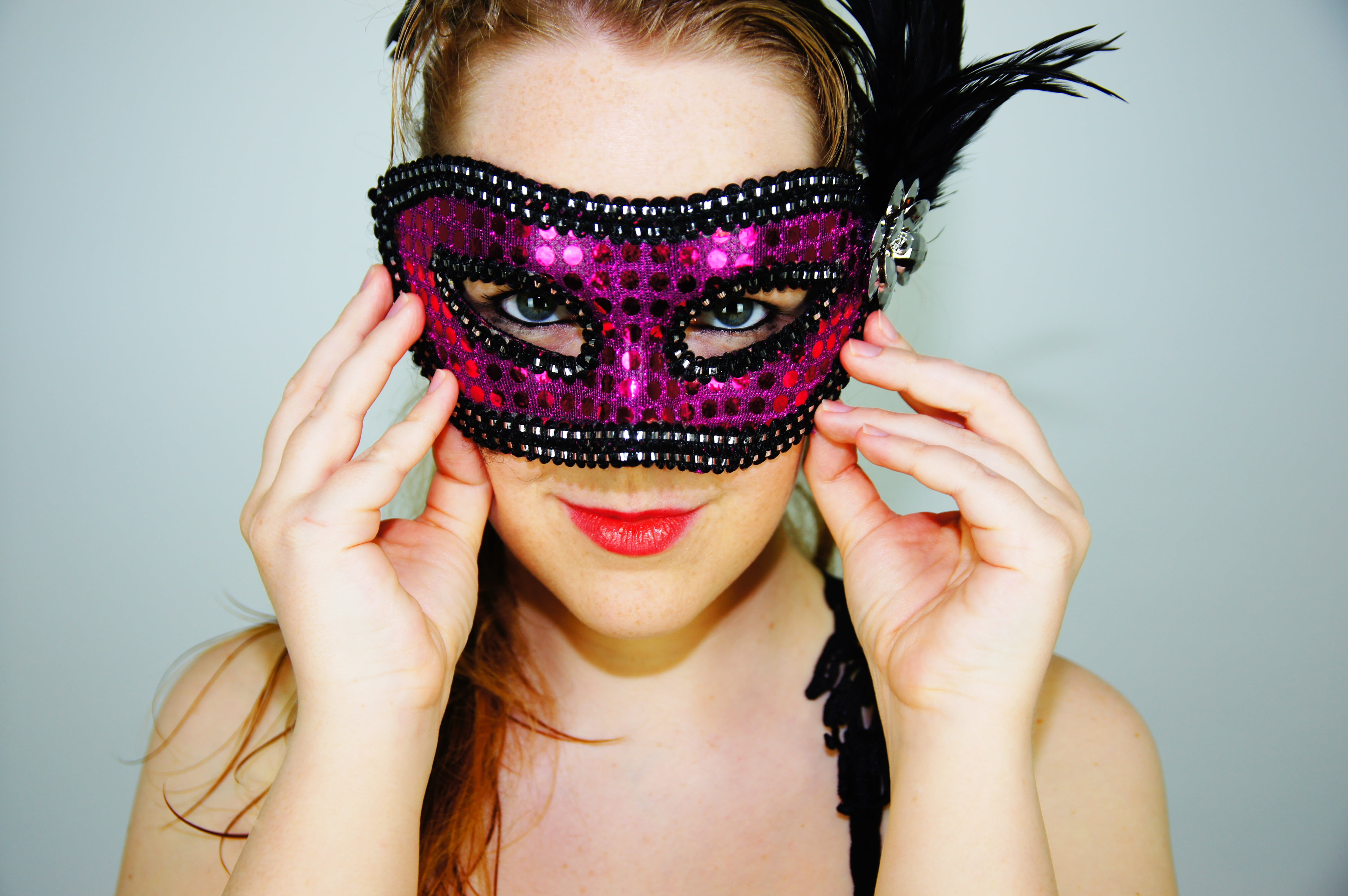beauty, gray, carnival, costume, masquerade, colorful, mask, young adult, photography, indoors, hands covering eyes, fashion, body part, celebration, portrait, HD Wallpaper