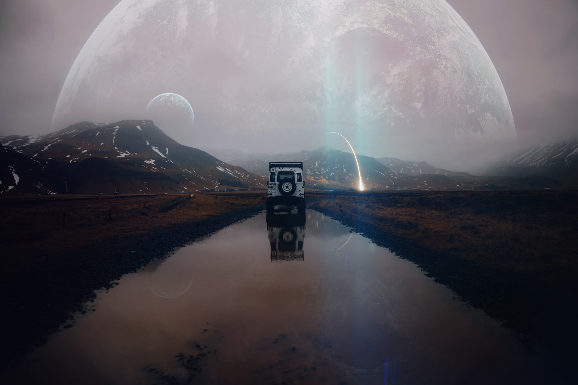 vehicle, text, reflection, environment, mountain, tranquil scene, landscape, tranquility, photo manipulation, nature, outdoors, fog, beauty in nature, non-urban scene, HD Wallpaper