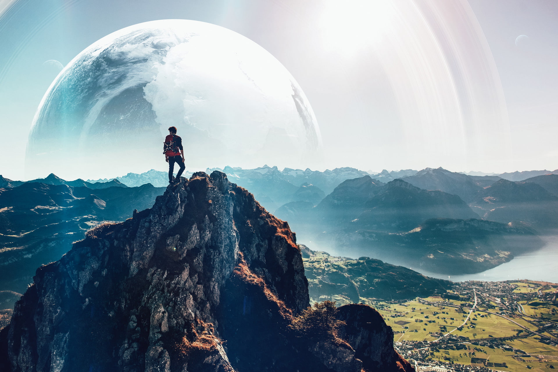 planet, men, mountains, fantasy art, 1080P, Vadim Sadovski, photo manipulation, landscape, digital art, HD Wallpaper