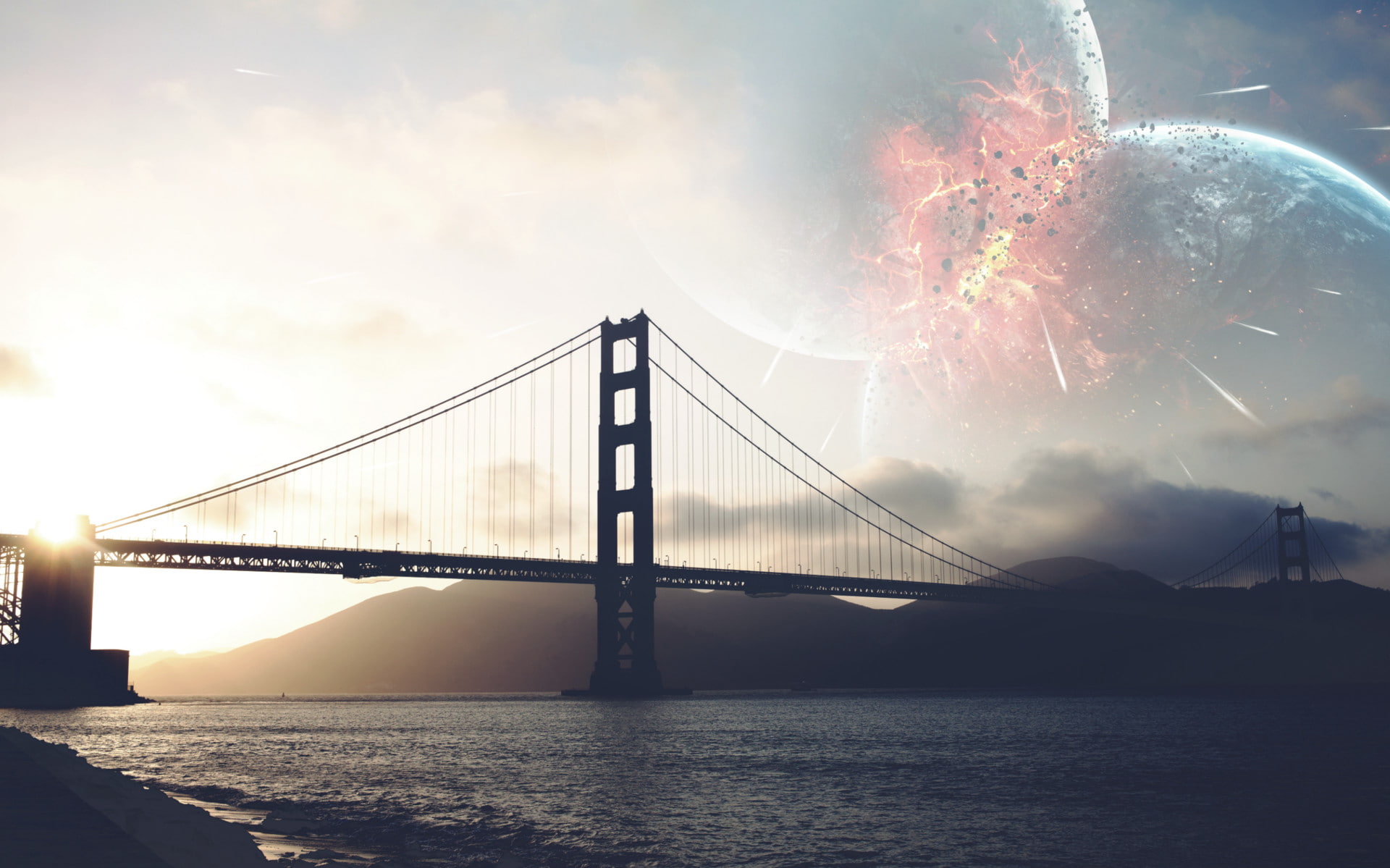 digital art, water, rope bridge, Vadim Sadovski, fantasy art, sky, fan art, Golden Gate Bridge, planet, 1080P, HD Wallpaper
