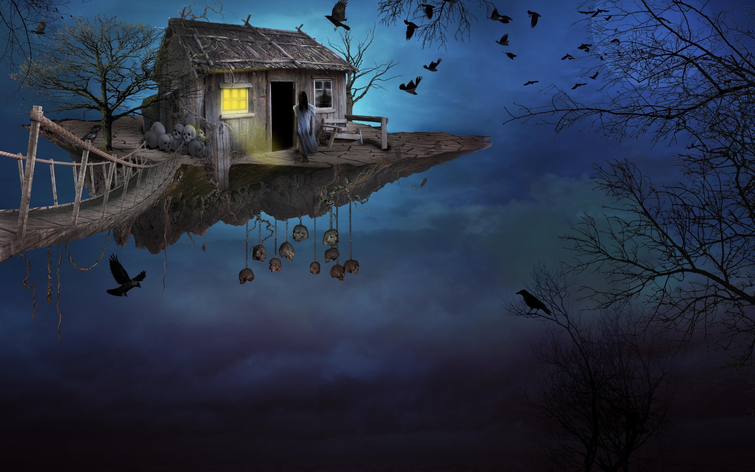 ghost, skulls, scary house, raven, moon, Fantasy, 2K, HD Wallpaper