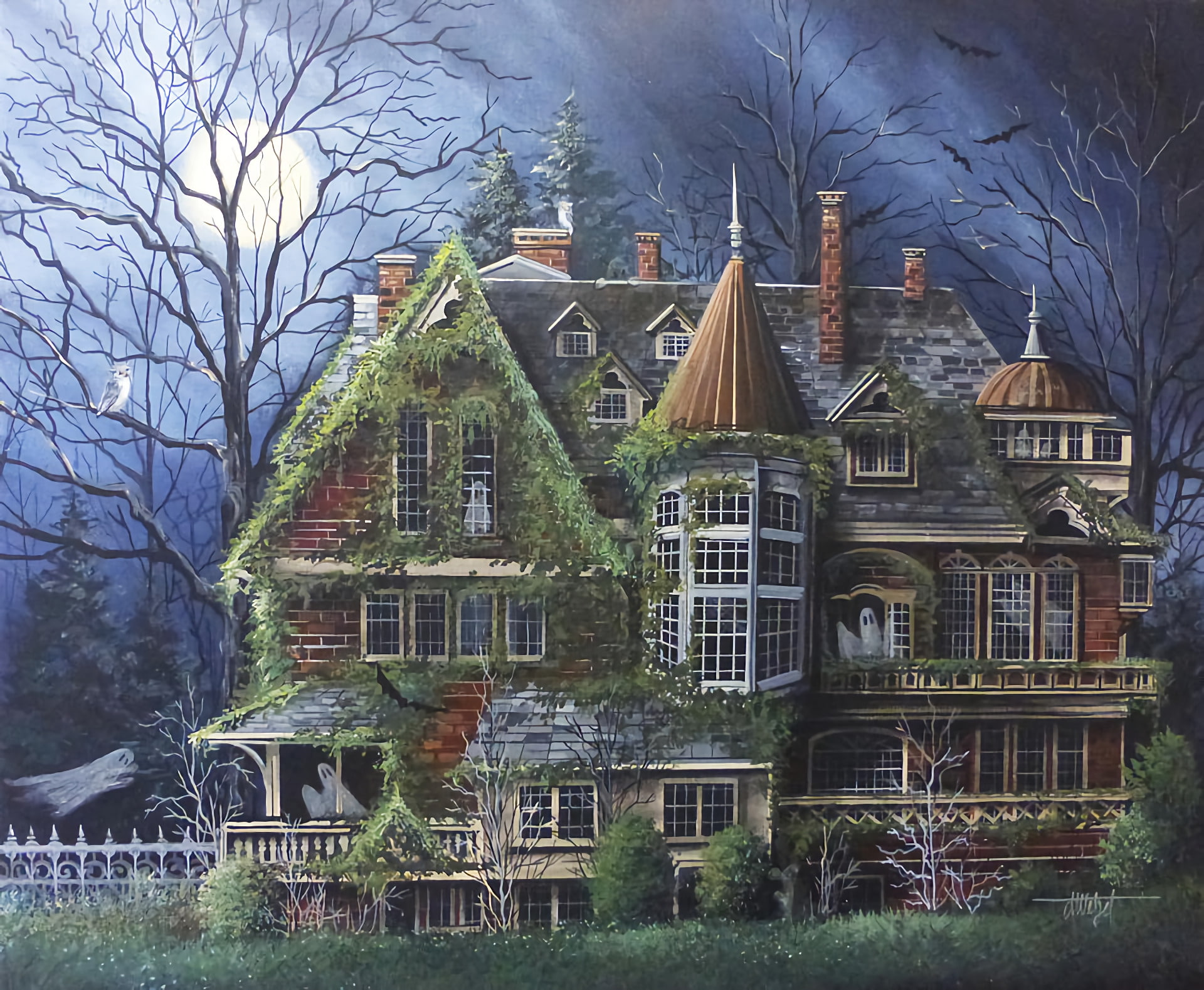 building, outdoors, Ghost, bare tree, Haunted, no people, nature, Halloween, sky, water, tree, House, day, residential district, Holiday, city, 1080P, HD Wallpaper