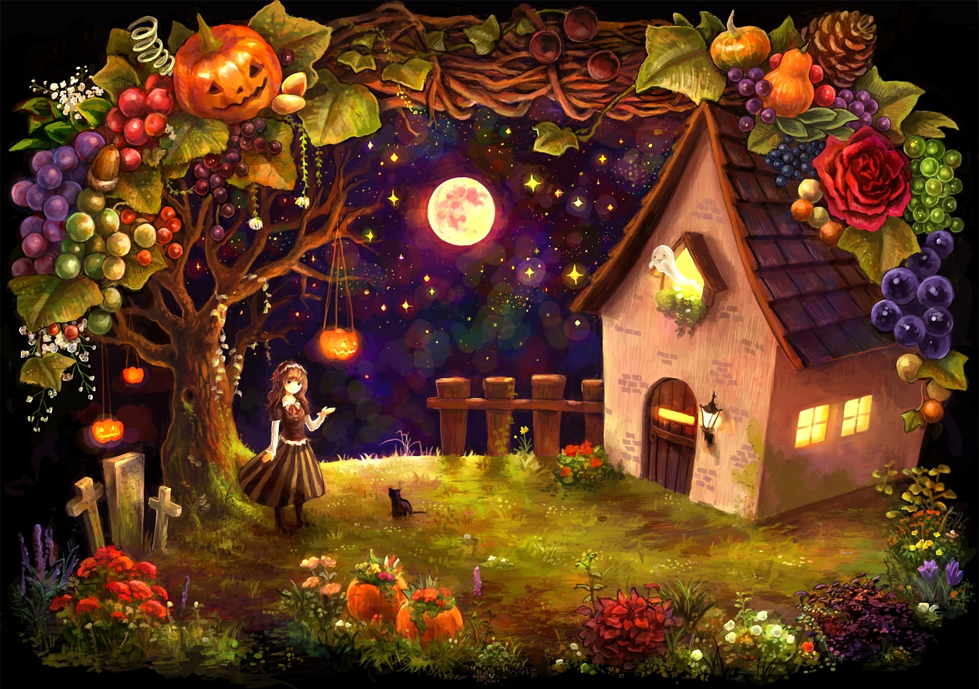 spirituality, plant, girl, halloween, tree, vegetables, front, house, 1080P, representation, nature, animated, illuminated, stars, flowering plant, HD Wallpaper