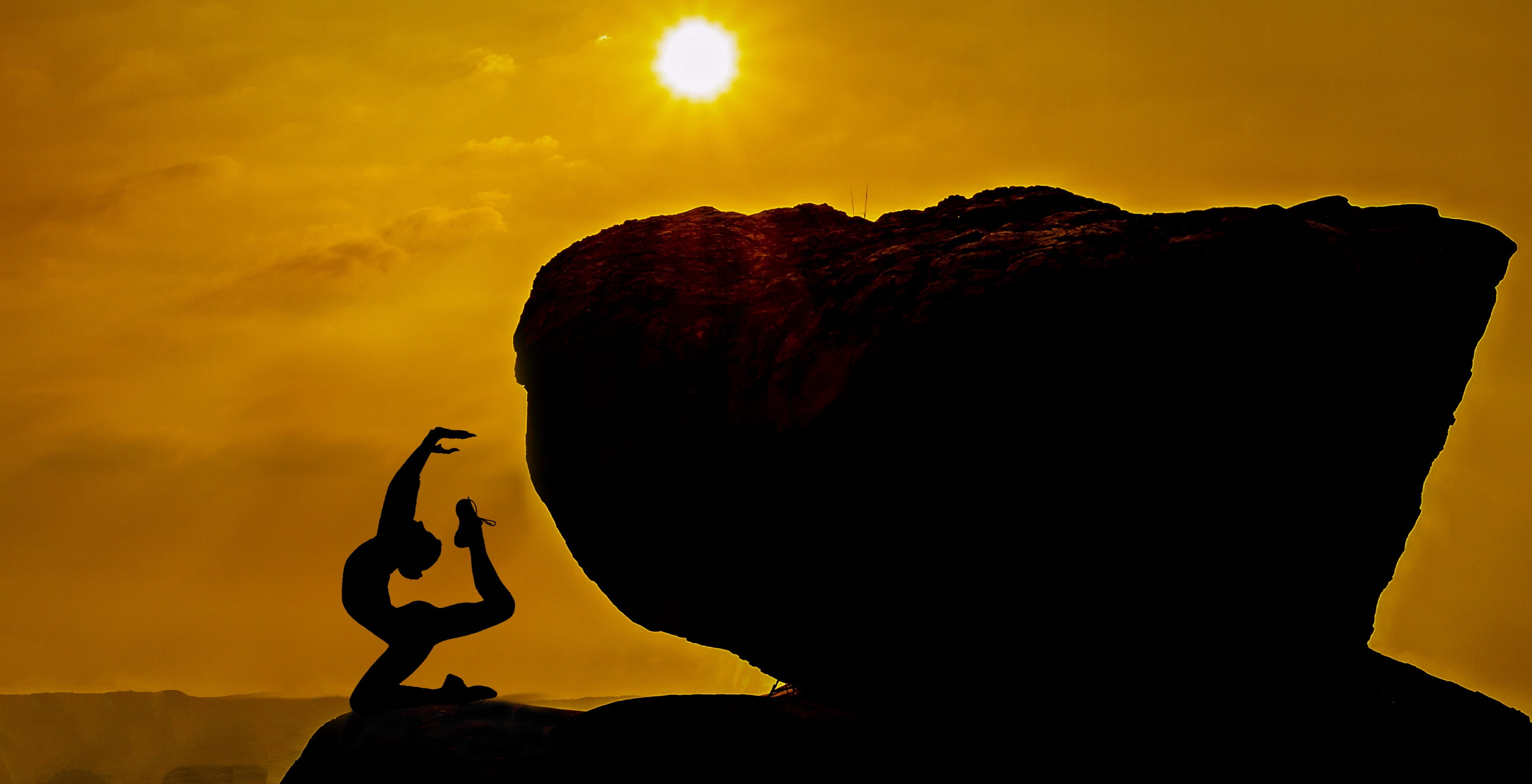human arm, beauty in nature, relaxing, mountains, sport, spirit, silhouette, sky, rock formation, hour, dusk, nature, hands, woman, zen, stone, people, HD Wallpaper