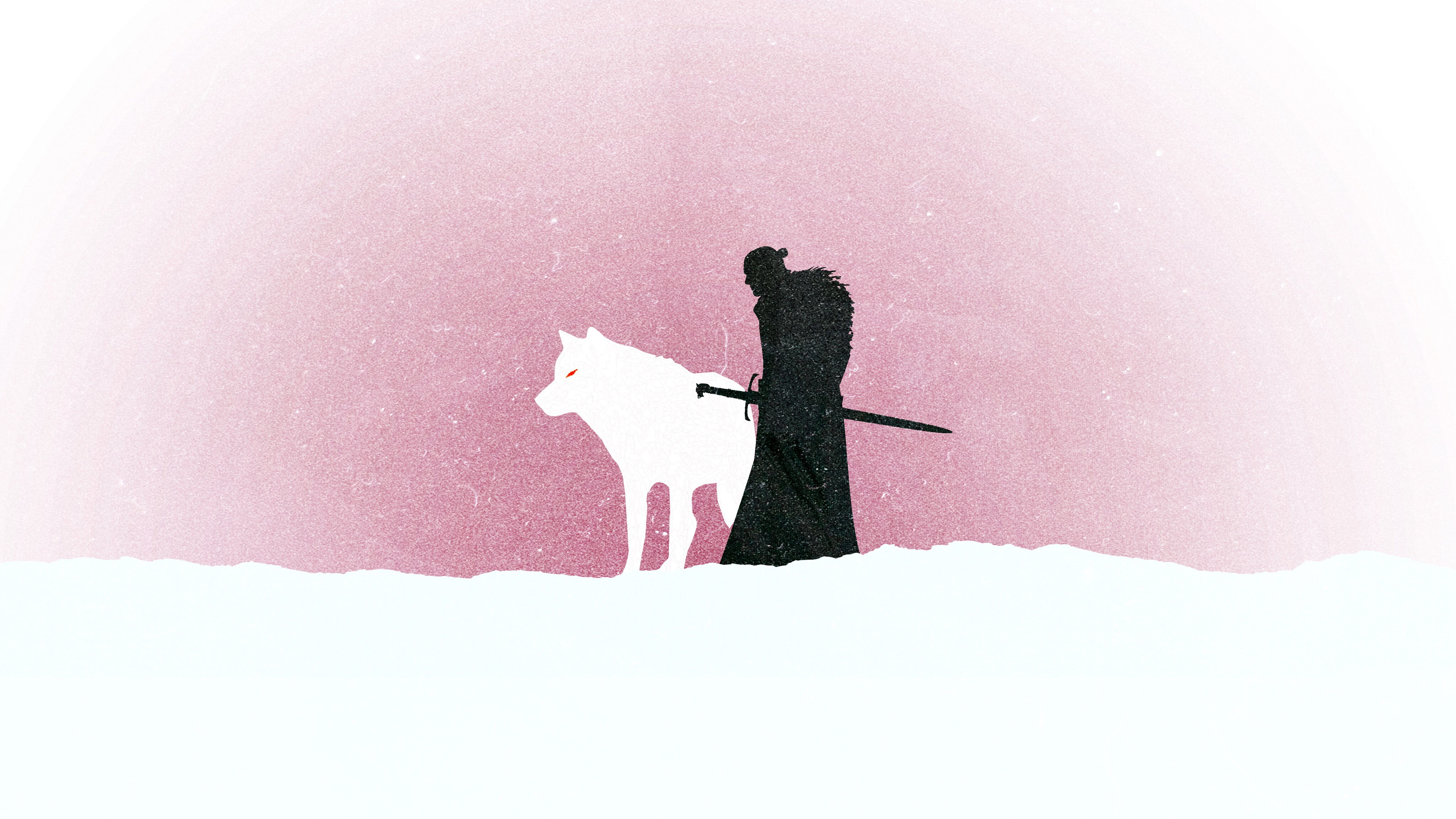 silhouette, Minimal, Ghost, Jon Snow, Direwolf, wolf, Artwork, warrior, 4K, 4K, HD Wallpaper