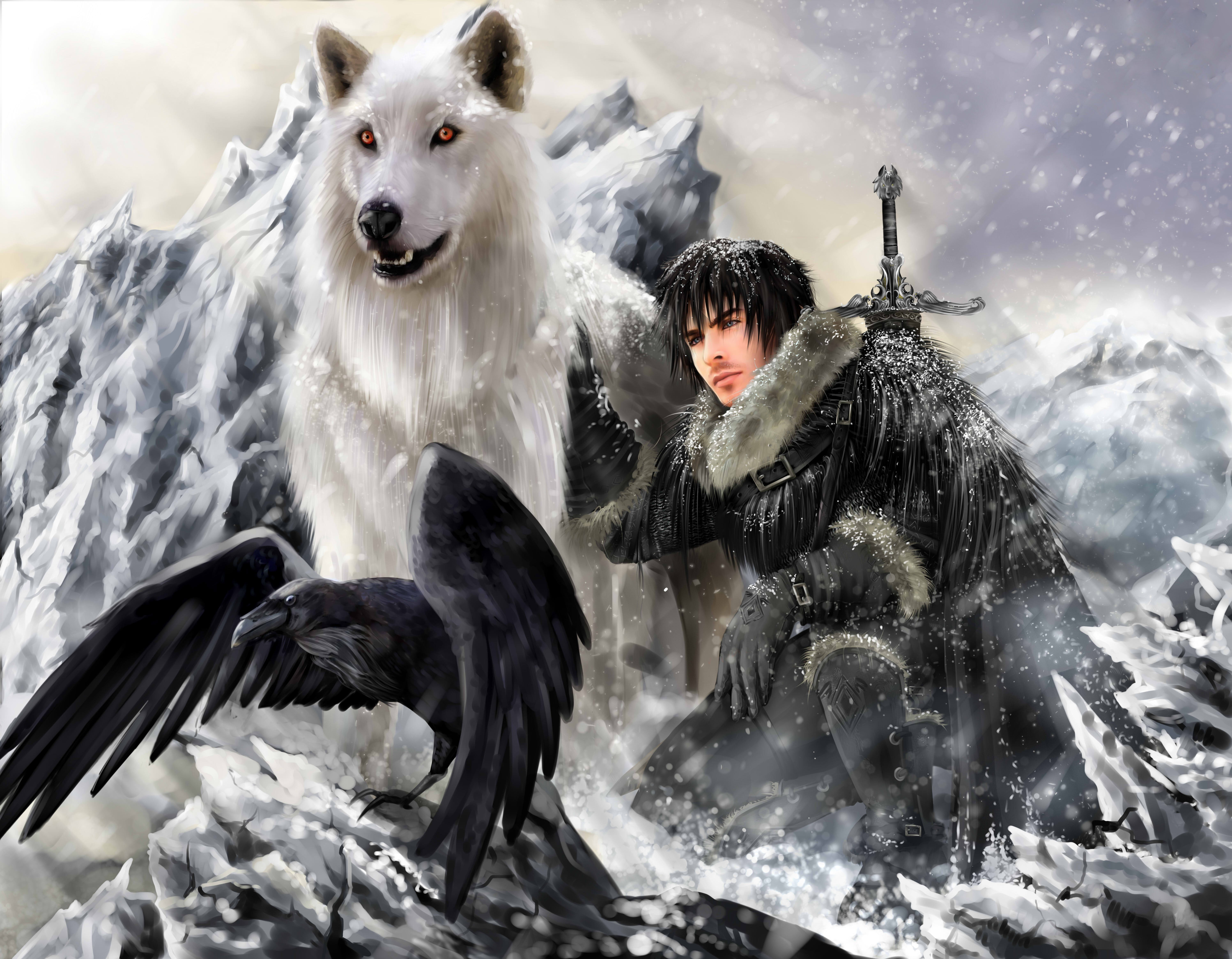 mammal, no people, 5K, animal, Jon snow, vertebrate, nature, cold temperature, Stark clan, Direwolf, motion, group of animals, outdoors, storm, Ghost, HD Wallpaper