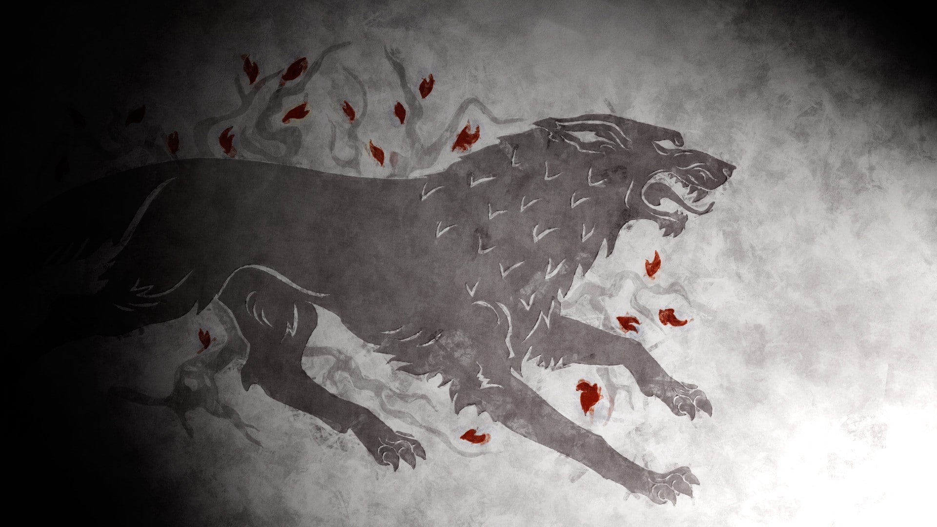digital composite, high angle view, cold temperature, Direwolf, dark, studio shot, blood, 1080P, indoors, red, Game Of Thrones, white color, mystery, fear, HD Wallpaper