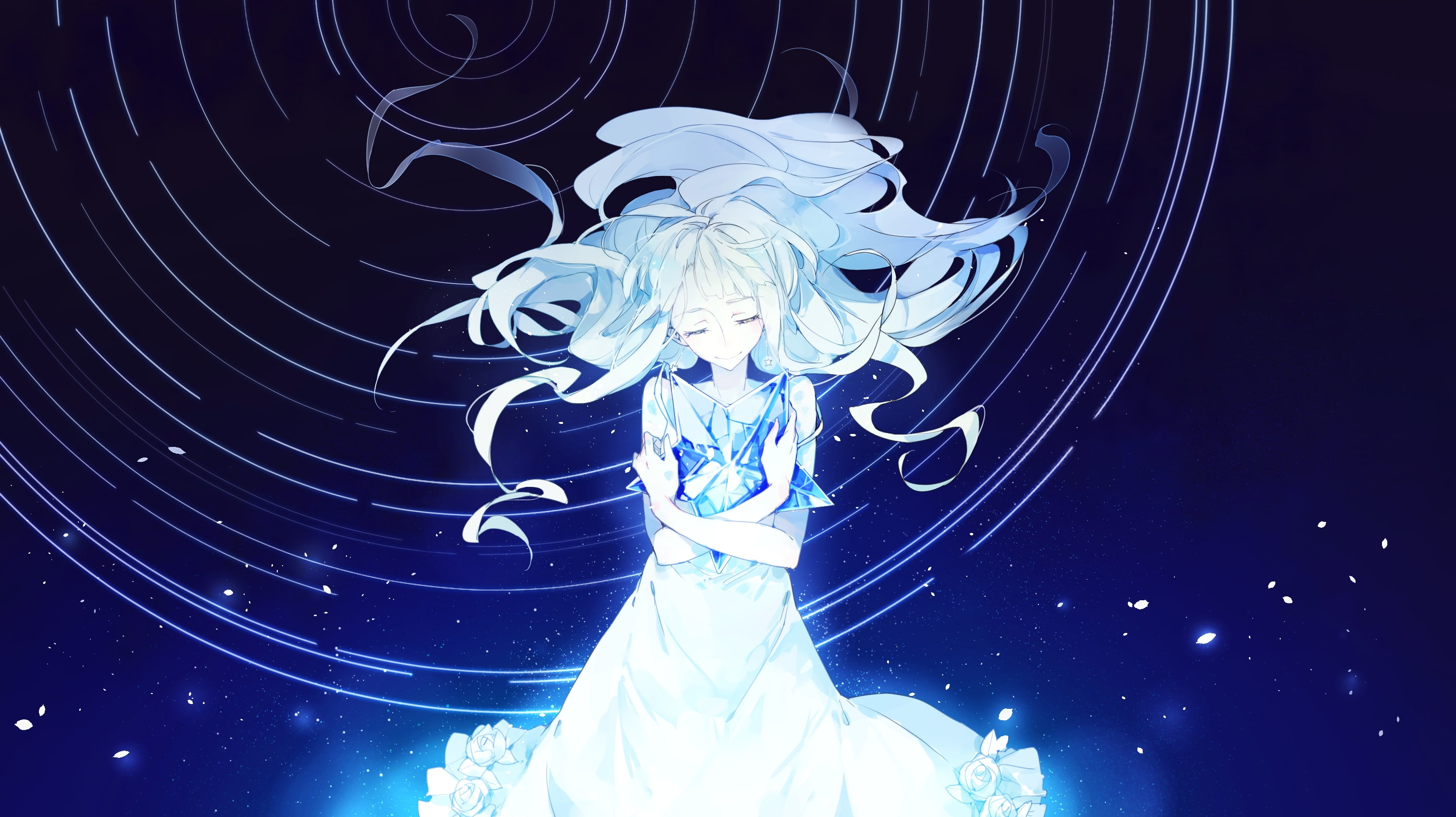 night, animal wildlife, blue, anime girl, creativity, human representation, nature, jellyfish, stars, indoors, representation, space, low angle view, digital composite, HD Wallpaper