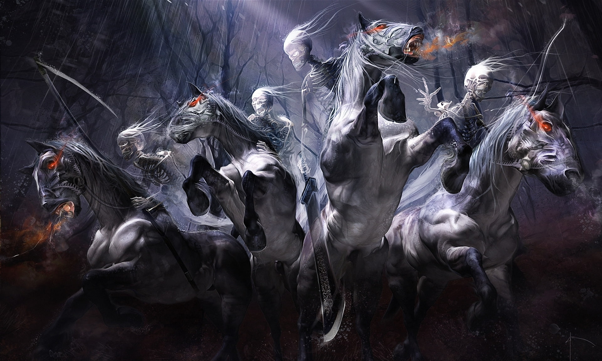 animal, yayashin, celebration, judgment Day - Apocalypse, skeletons, riding, flame, horror, undead, braid, art and craft, horses, white color, flowing, HD Wallpaper
