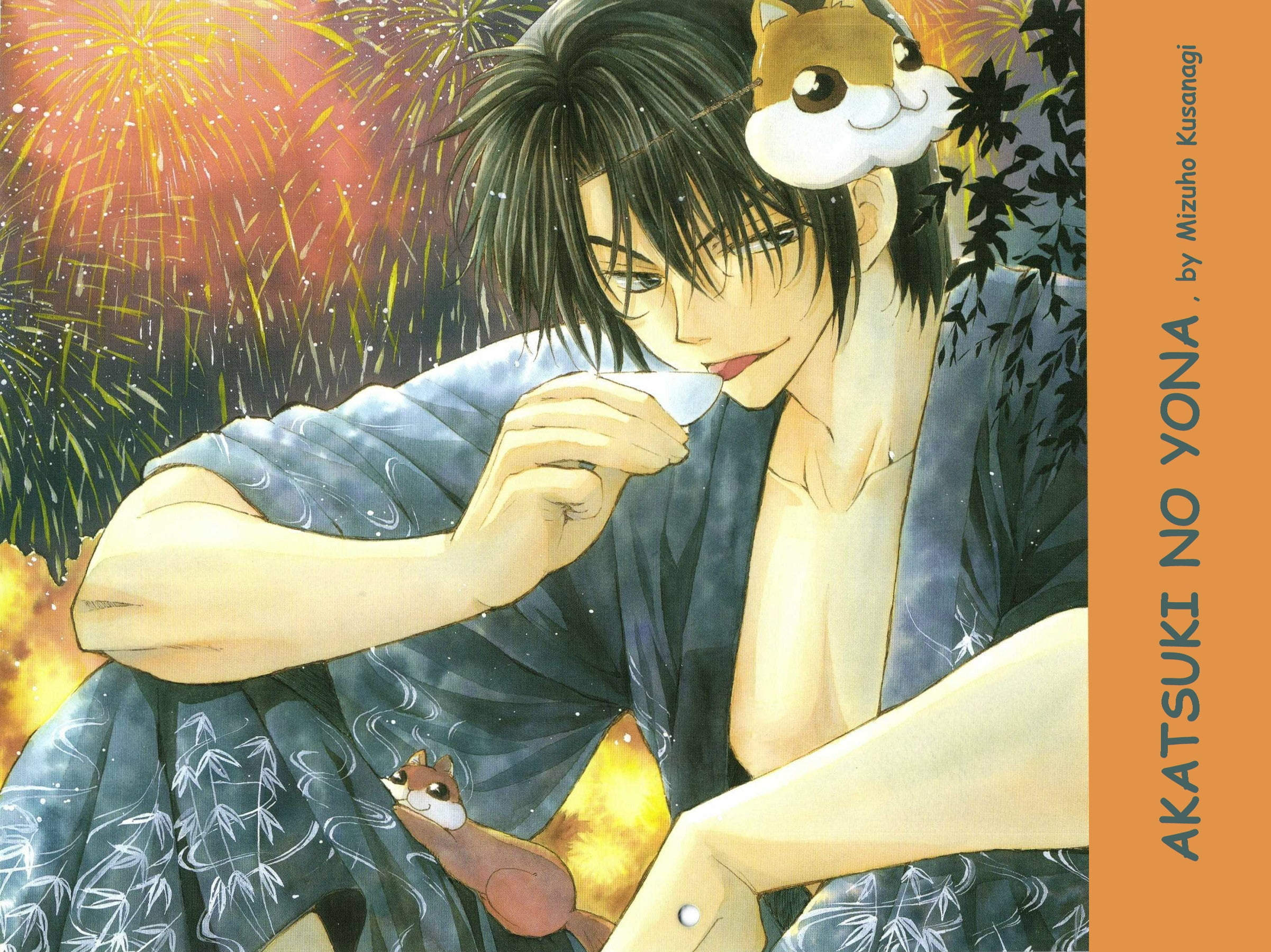 Mizuho Kusanagi, guy, Japanese clothing, 1080P, Last Rights, squirrel, fireworks, stuck out his tongue, Akatsuki no Yona, Dawn Yona, mask, art, HD Wallpaper