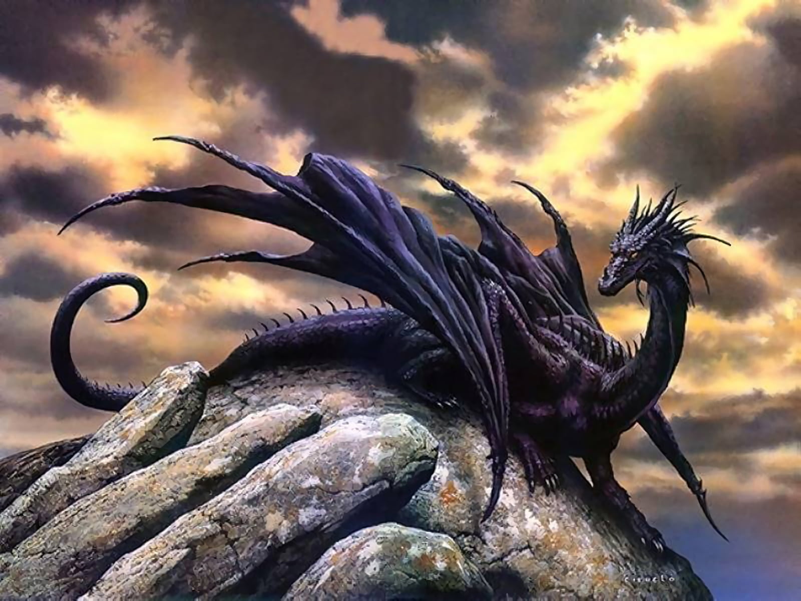 marine, bird, rock - object, day, animals in the wild, animal wildlife, sky, black, outdoors, wildlife, Fantasy, large, water, Dragon, sunset, rock, no people, HD Wallpaper