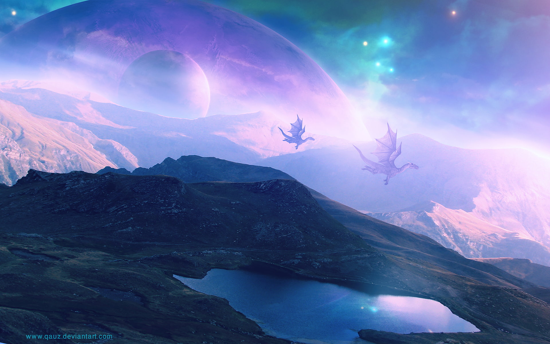 planets, 1080P, purple, fantasy, dragon, landscape, HD Wallpaper