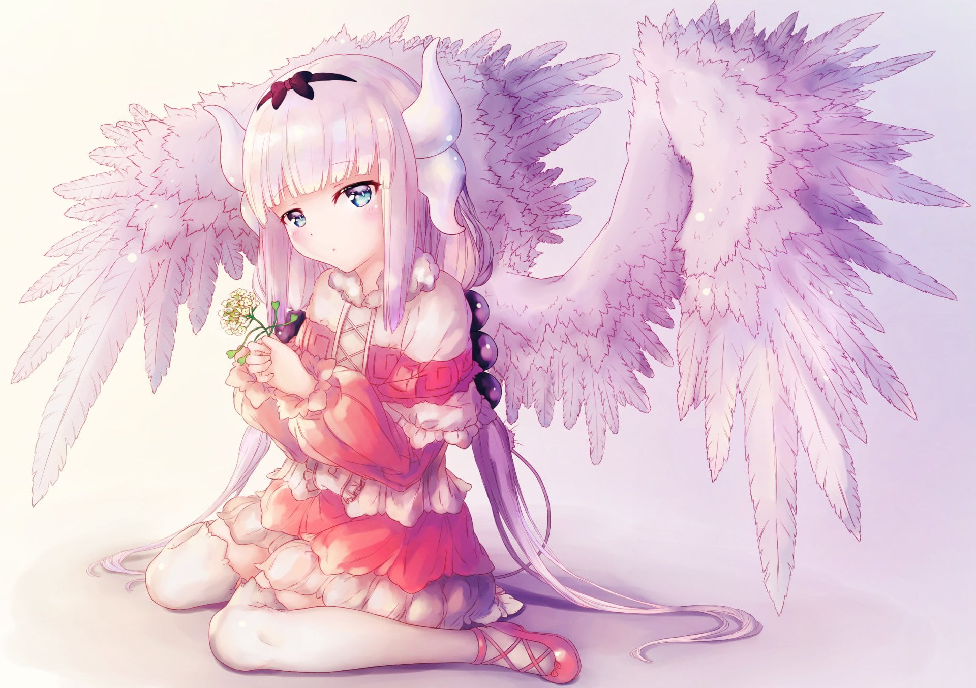 Anime, hairstyle, Purple Hair, studio shot, beauty, Blush, close-up, doll, Flower, fashion, Headband, Tail, indoors, pink color, Kanna Kamui, Miss Kobayashis Dragon Maid, HD Wallpaper