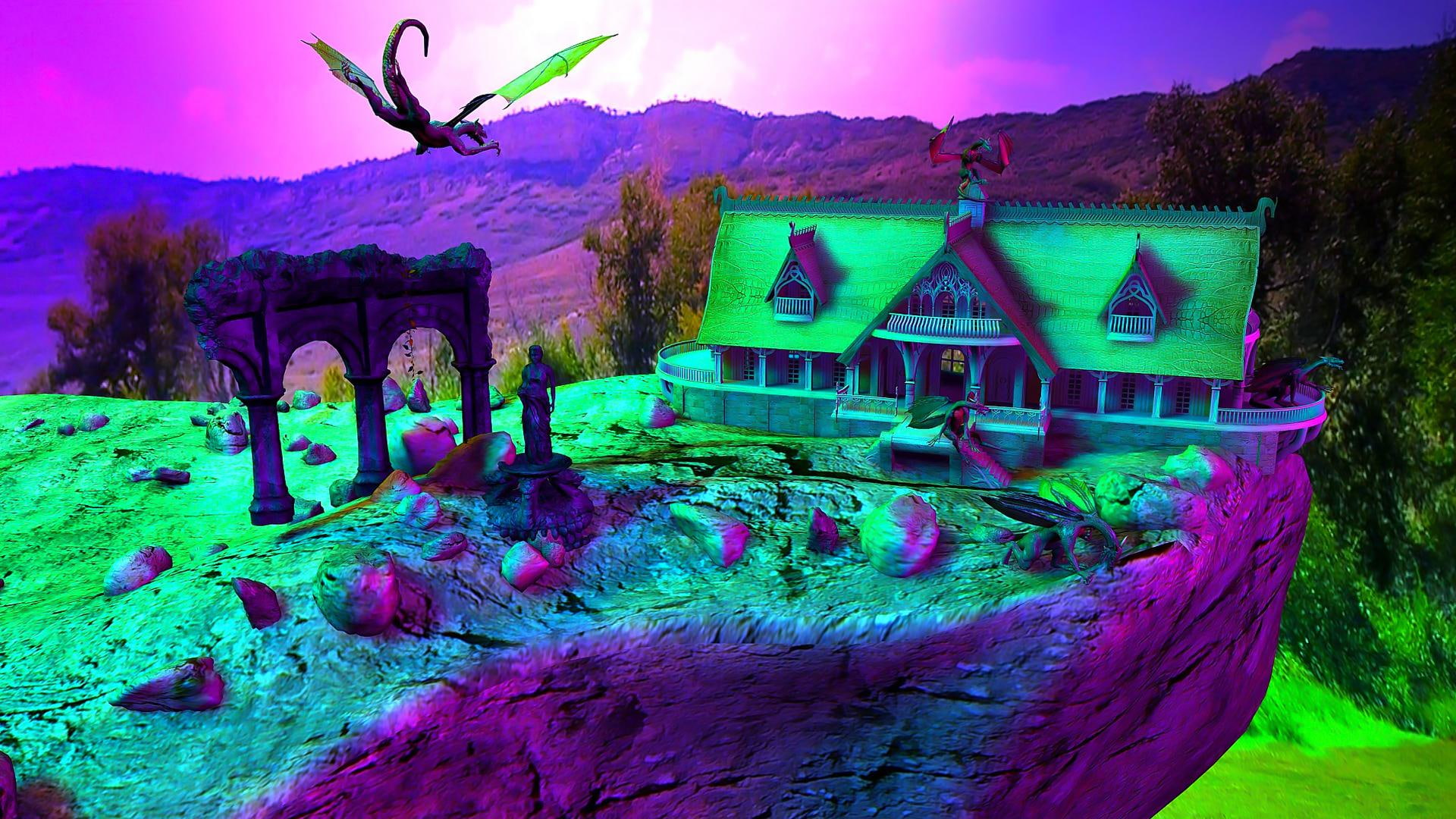 fantasy, 3d and abstract, beautiful, blue, 1080P, dragons, l, mountains, house, purple, ruins, HD Wallpaper