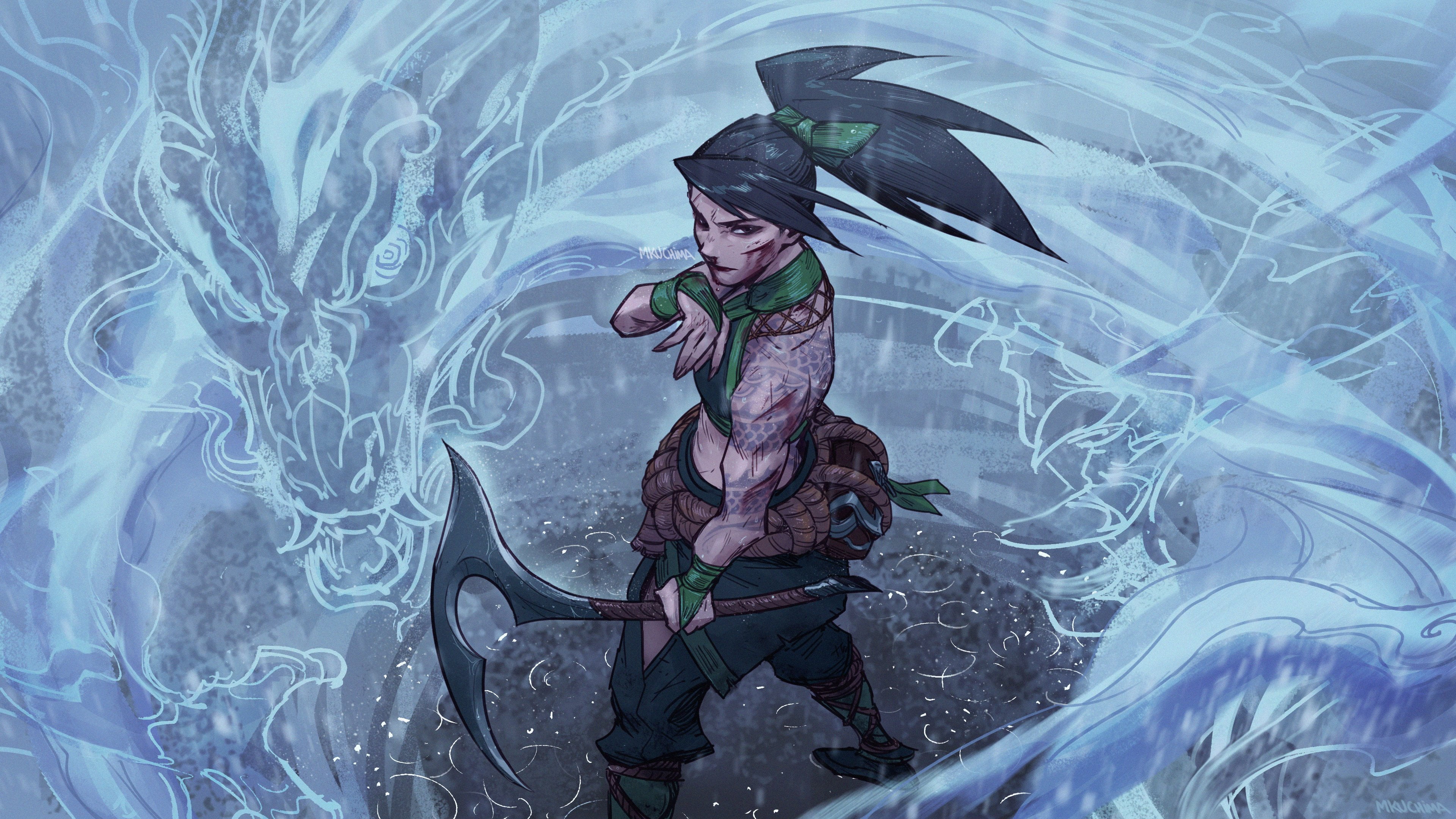 League of Legends, tattoo, digital art, video game girls, fan art, Riot Games, dark hair, MKUCHIMA, video game characters, 4K, blood, dragon, illustration, HD Wallpaper