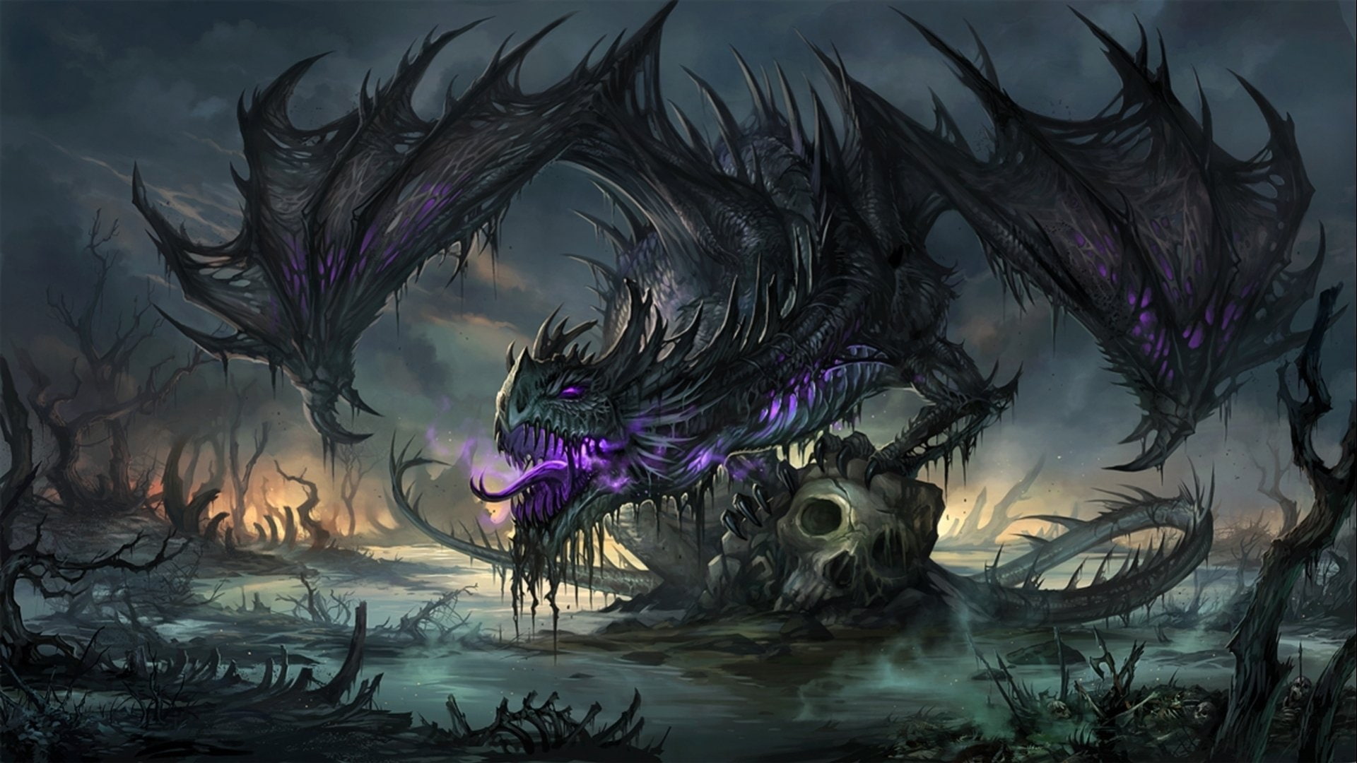 wings, purple, 1080P, dragons, gothic, skull, fantasy, HD Wallpaper
