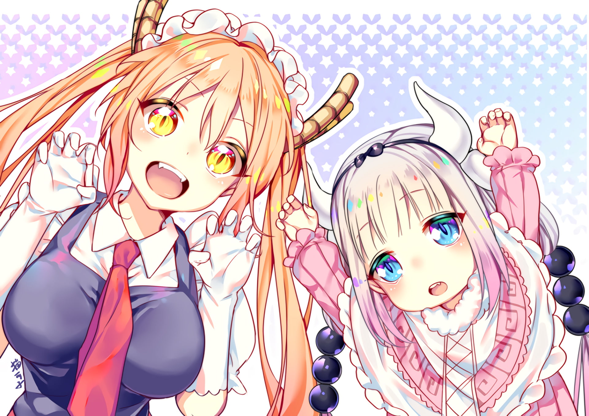 Horns, Glove, Miss Kobayashis Dragon Maid, Headband, Anime, Maid, Long Hair, Purple Hair, Kanna Kamui, Twintails, Blonde, Teeth, 1080P, Fangs, Headdress, HD Wallpaper