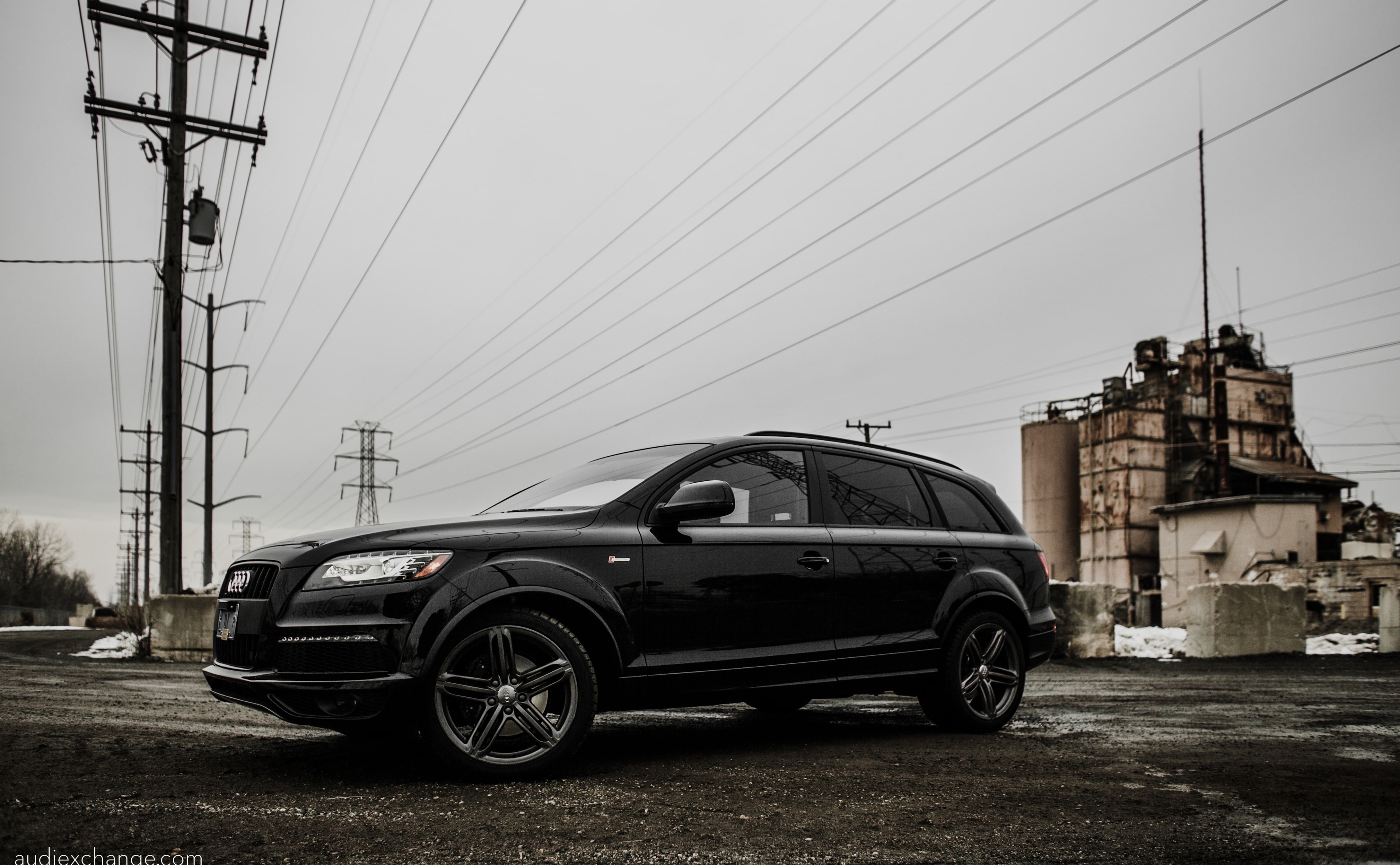 Audi, mode of transportation, 3.0t, electricity pylon, illinois, outdoors, Abandoned, black wheels, black rims, audi exchange, 2012, gritty, technology, HD Wallpaper