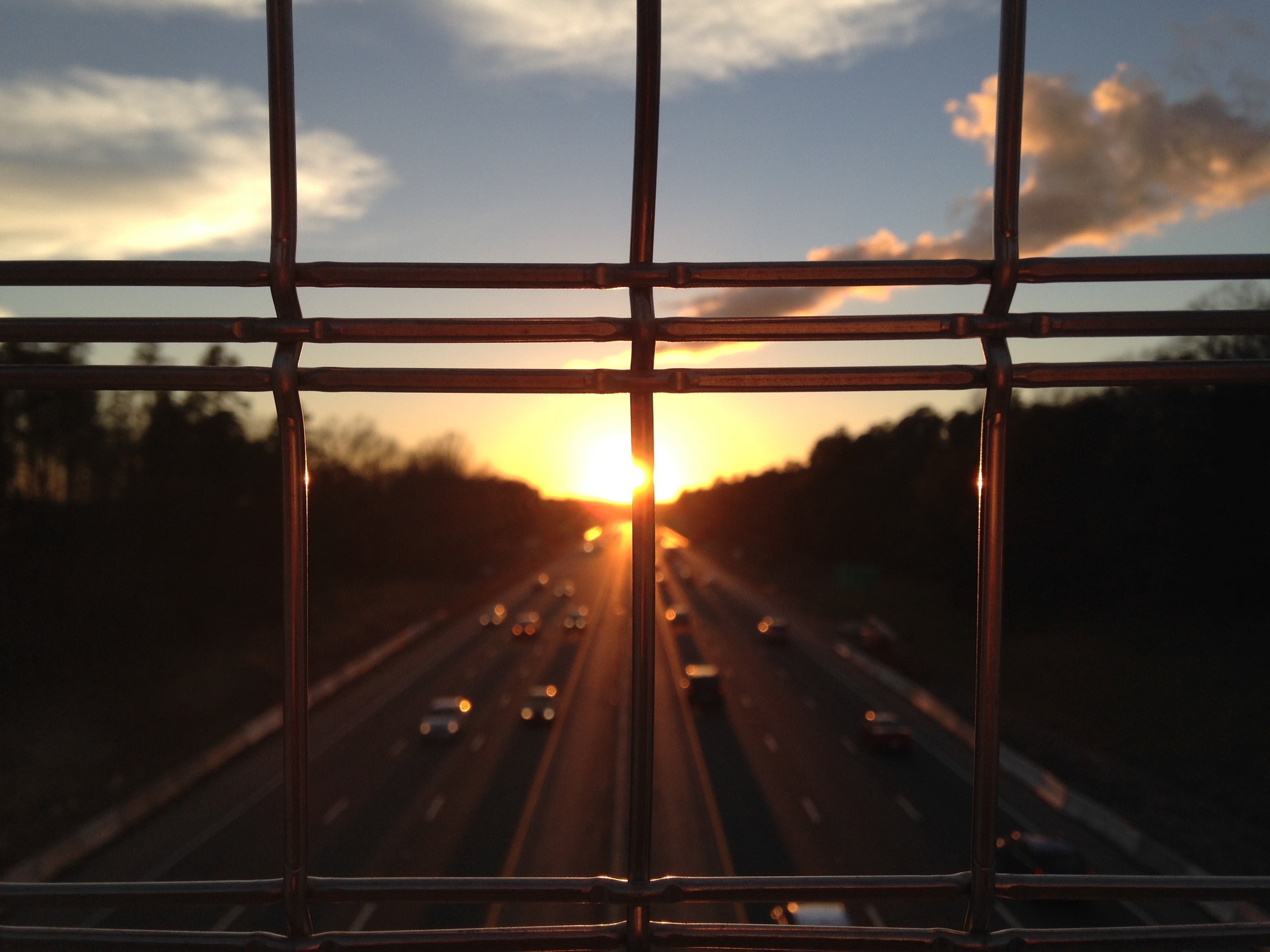sunset, cars, road, railroad track, sun, outdoors, connection, twilight, glass - material, traffic, railing, view, nature, bars, way, dawn, track, transportation, HD Wallpaper