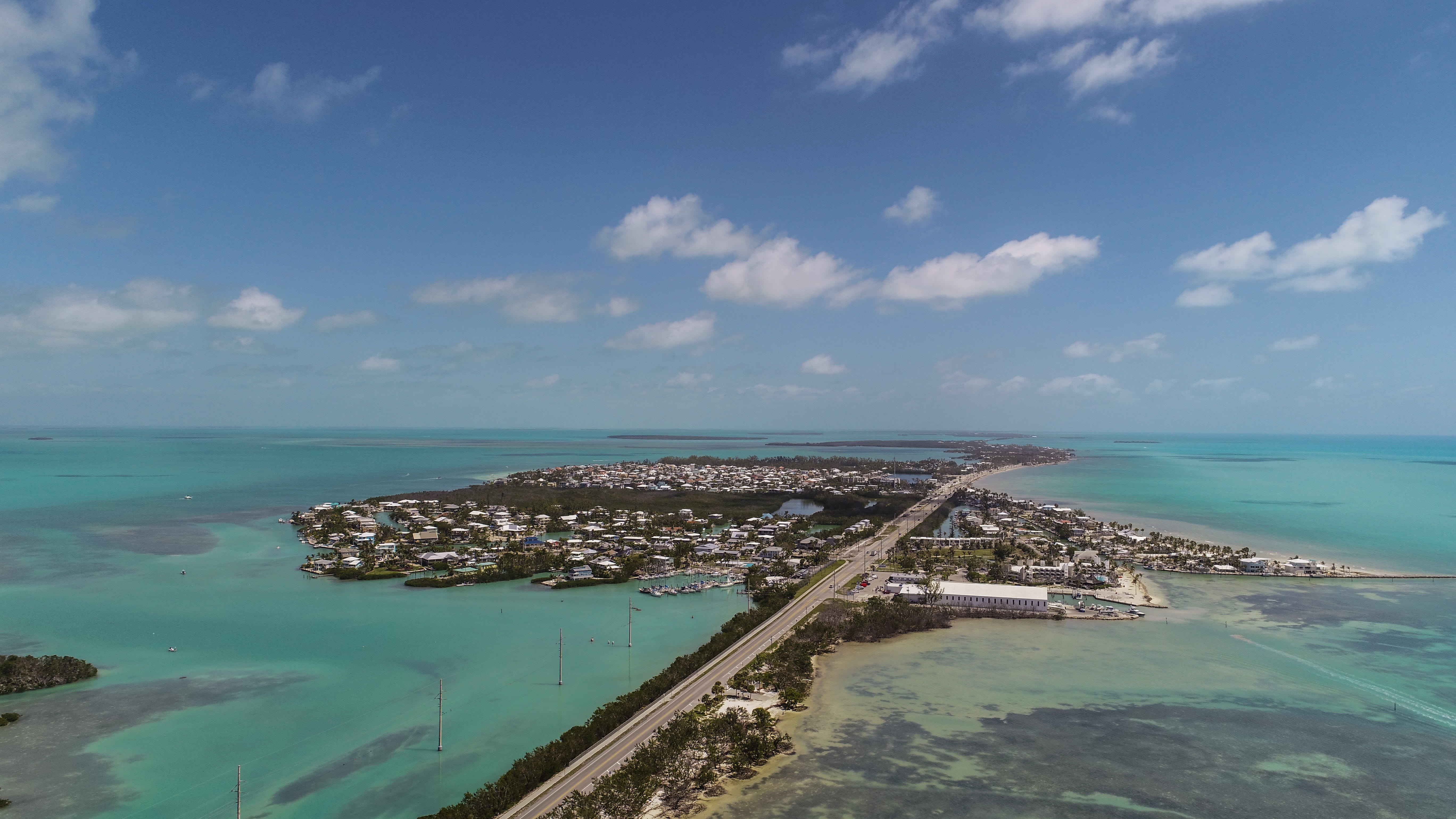 land, nature, aerial photography, outdoors, tranquil scene, blue, day, transportation, florida, sea, no people, sky, drone, 5K, seven mile bridge, aerial view, HD Wallpaper