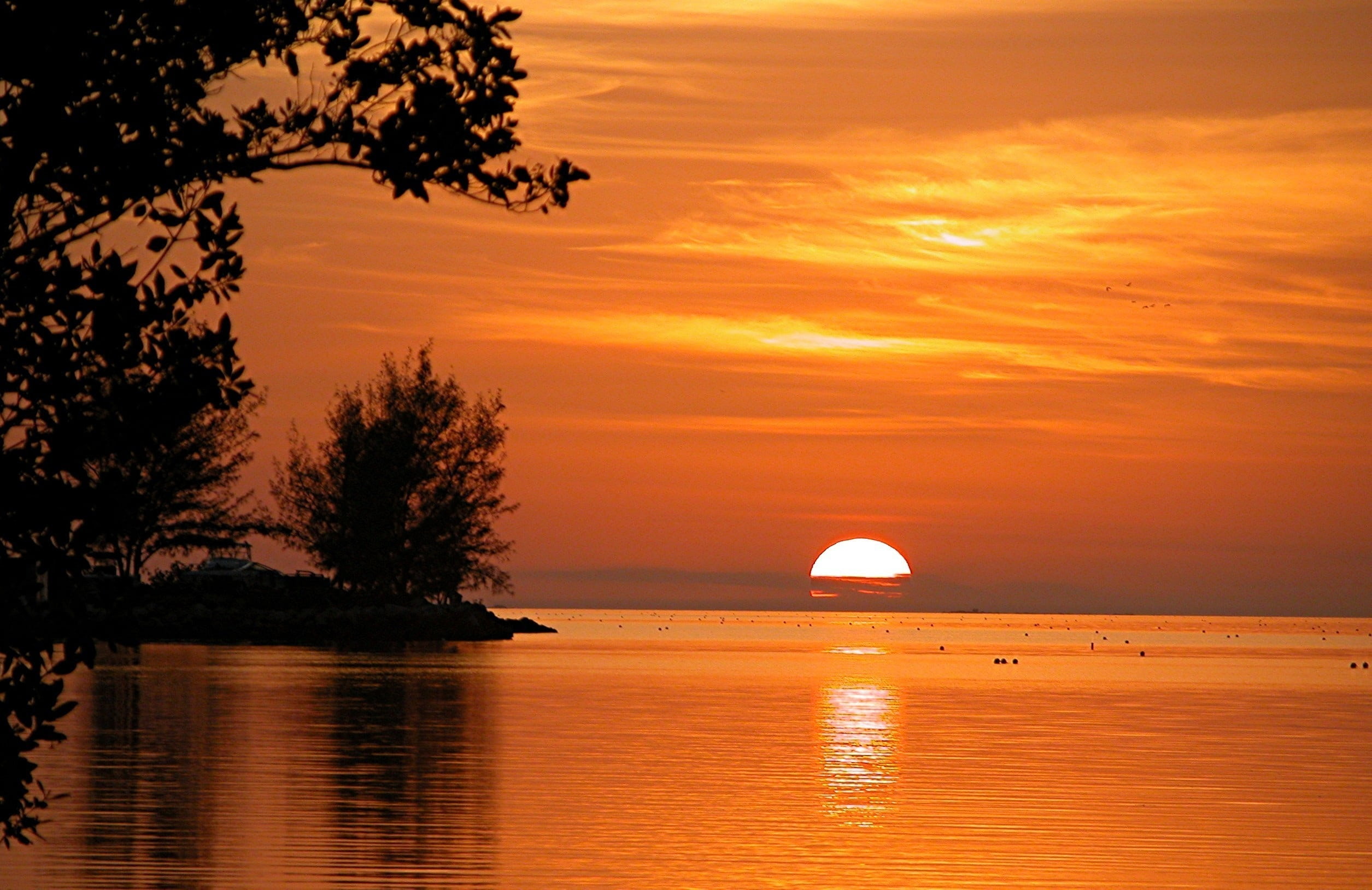 majestic, orange Color, water, tropical, tree, dusk, nature, beauty in nature, 1080P, sunset, ocean, travel, sea, cloud - sky, beach, sunlight, orange sky, HD Wallpaper