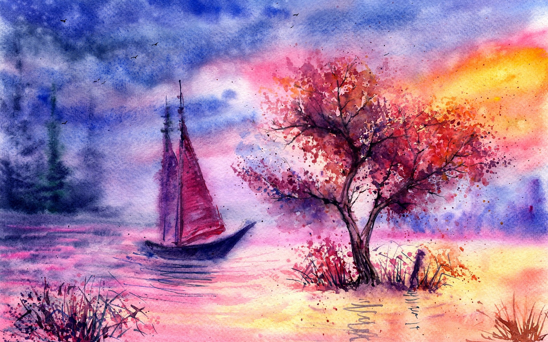 Sailing, 1080P, Tree, River, Evening, Watercolor, Landscape, HD Wallpaper