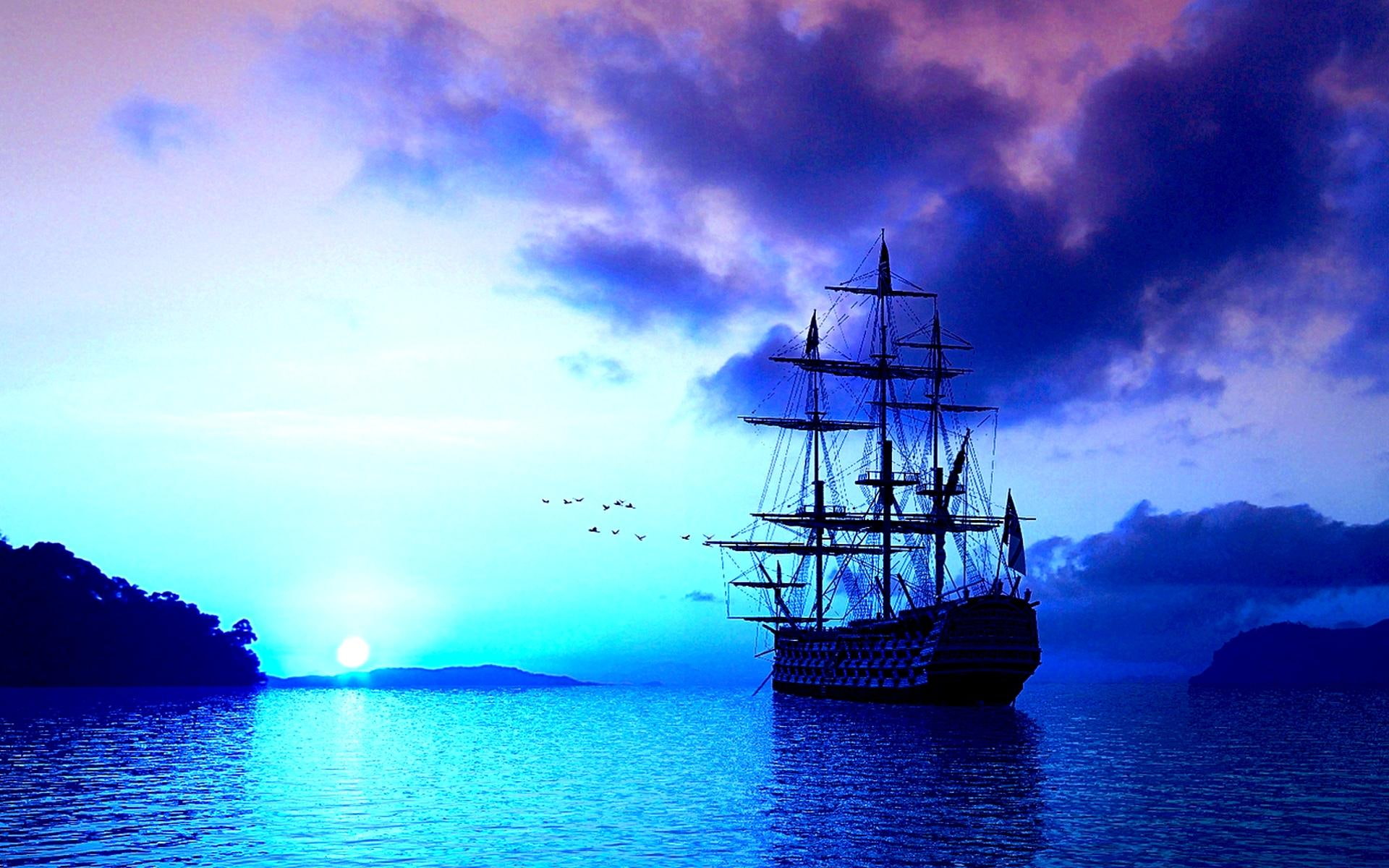 1080P, clouds, sailing, boat, boats, away, birds, HD Wallpaper